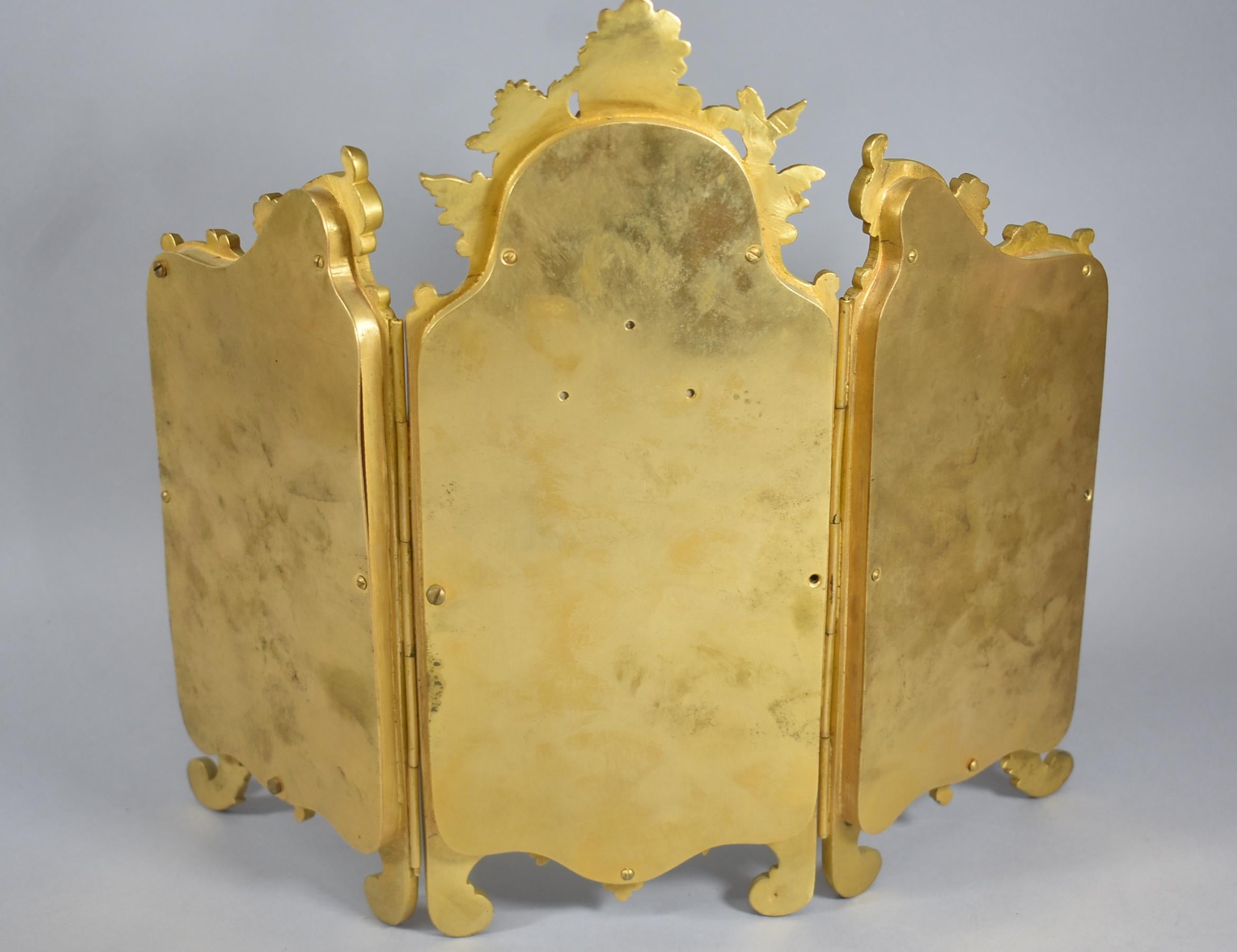 Miniature Triptych Gold Doré Dresser Top Beveled Mirror Female Figural Face In Good Condition In Toledo, OH