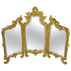 Miniature Triptych Gold Doré Dresser Top Beveled Mirror Female Figural Face