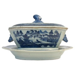 Miniature Tureen and Platter Chinese Blue Canton Porcelain, 19th Century