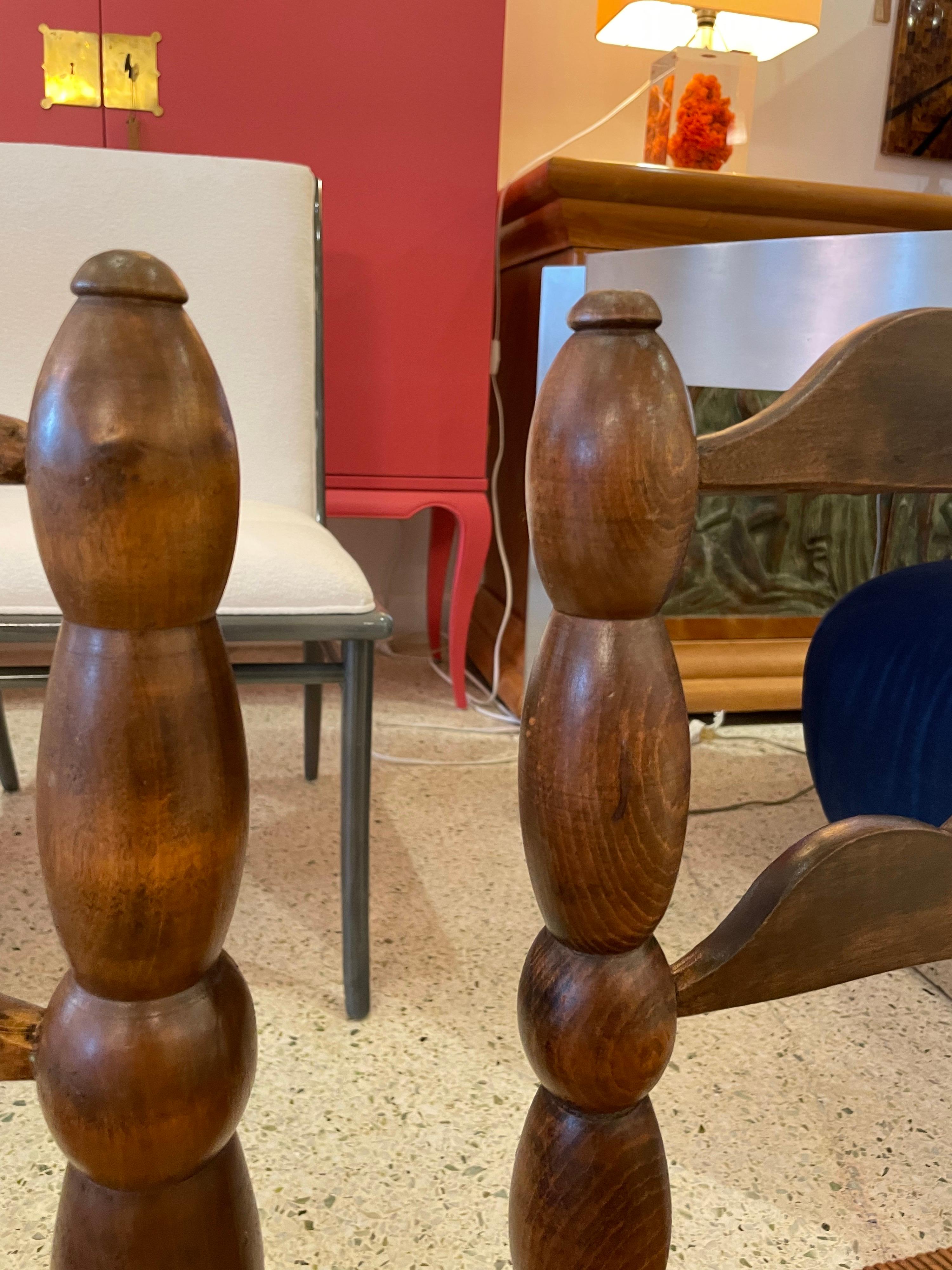 Mid-20th Century Low Turned Wood Fireside Chairs by Charles Dudouyt, France, 1940's