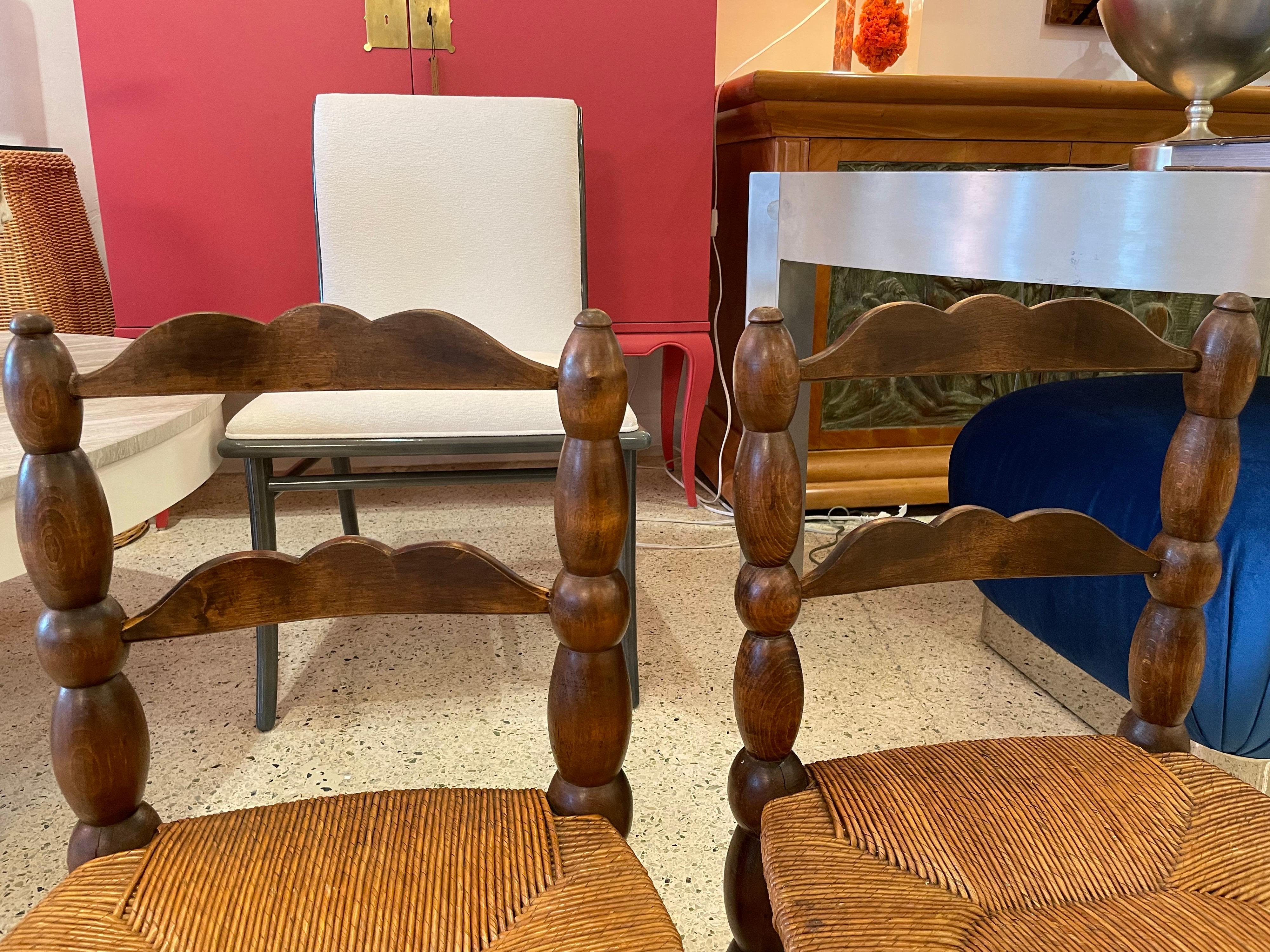 Grasscloth Low Turned Wood Fireside Chairs by Charles Dudouyt, France, 1940's