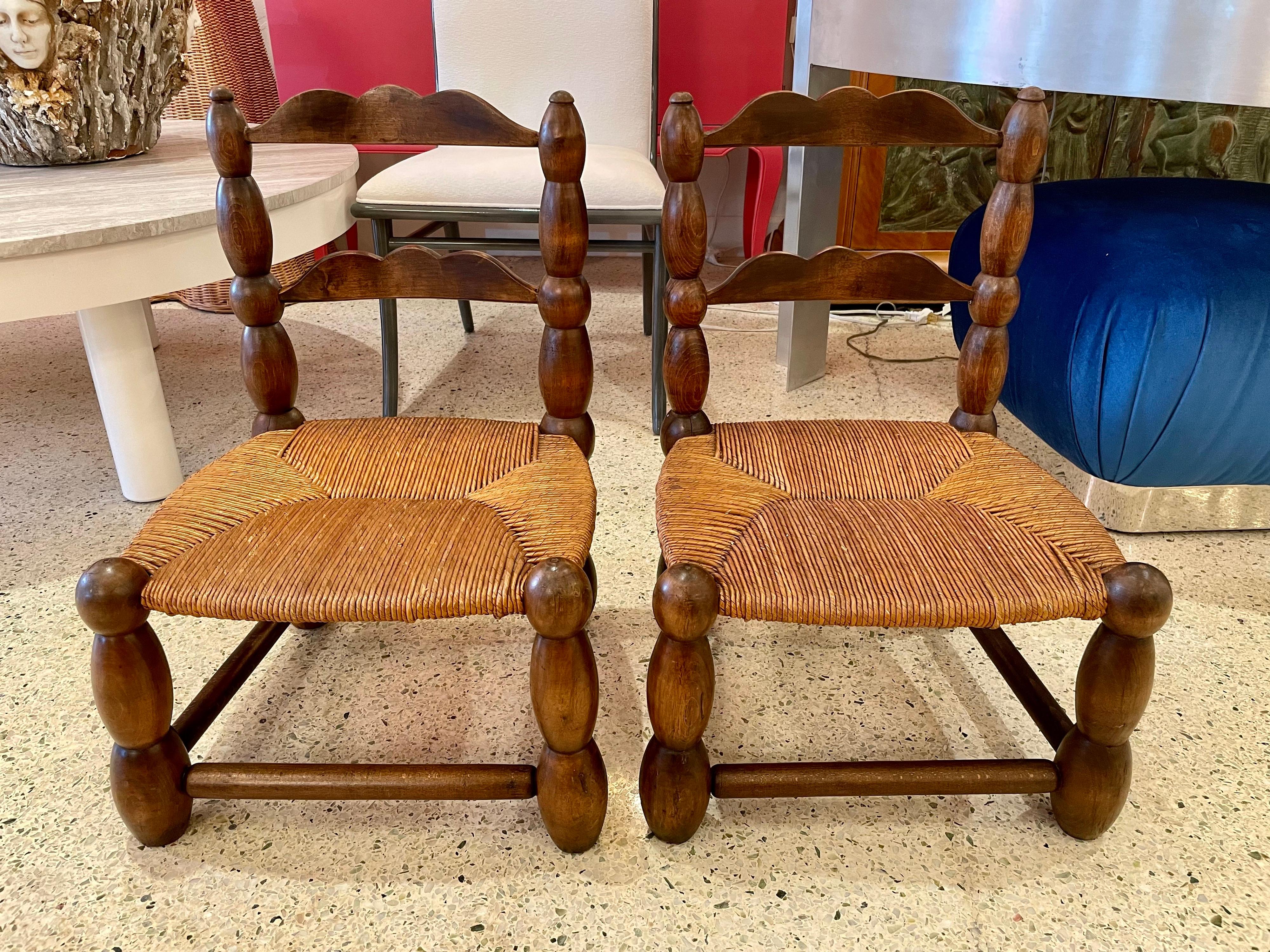 Low Turned Wood Fireside Chairs by Charles Dudouyt, France, 1940's 2