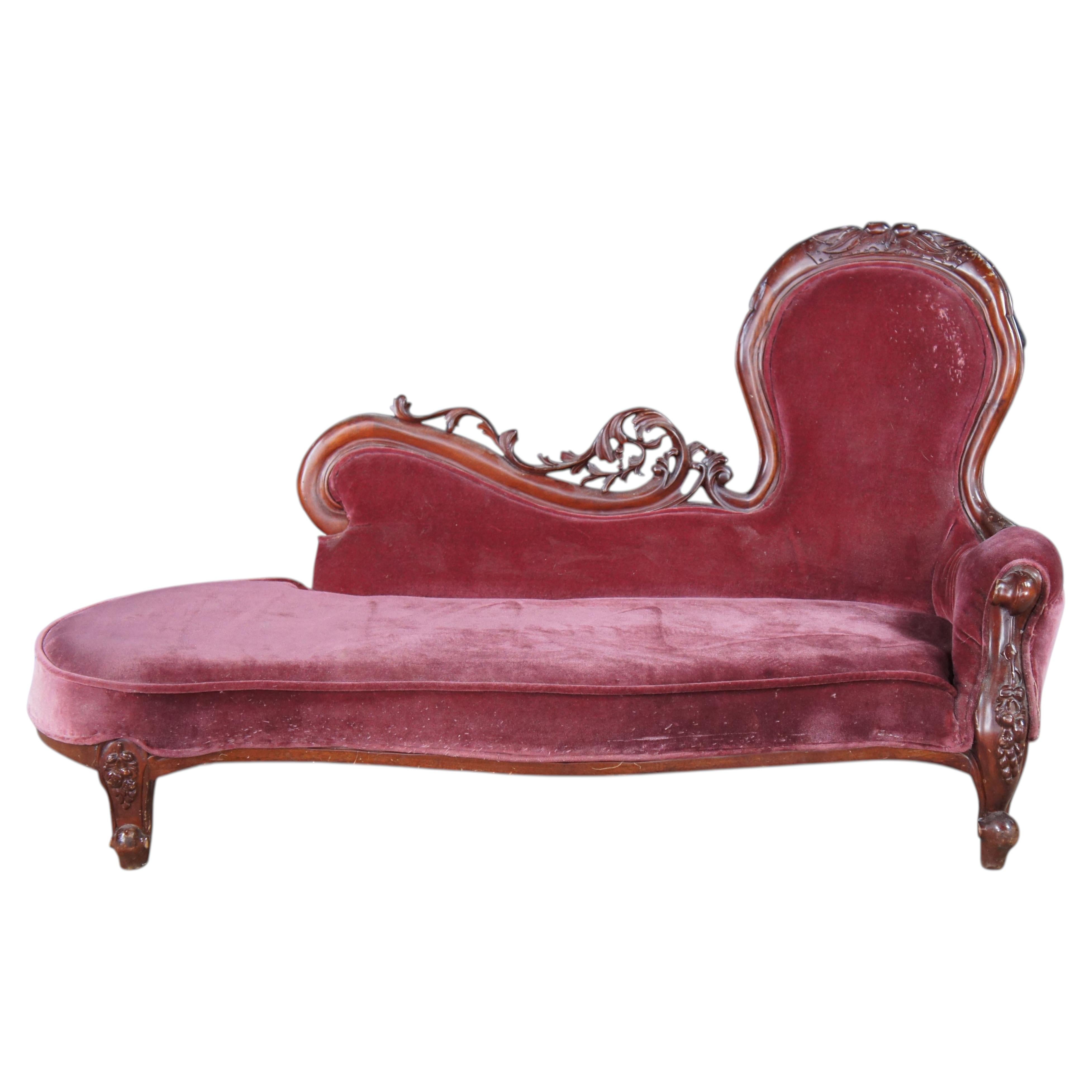 Miniature Victorian Revival Red Velvet & Carved Mahogany Chaise Lounge Dog Bed For Sale