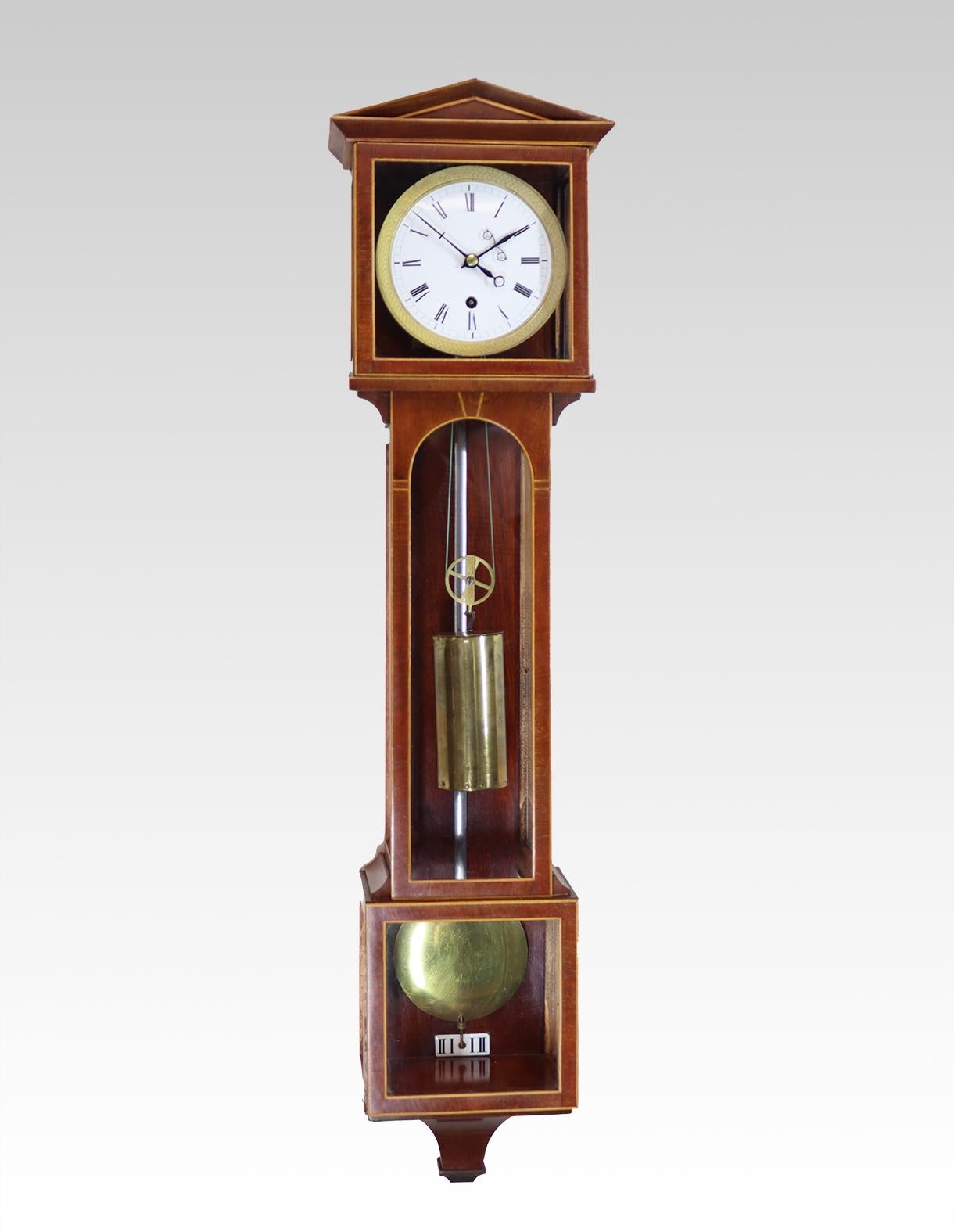 A miniature Viennese laterndluhr regulator wall clock, the slim architectural biedermeier style mahogany and boxwood inlaid case inset with nine glass panels enclosing a 10cm enamel dial with gilt brass engine turned surround fronting an eight day