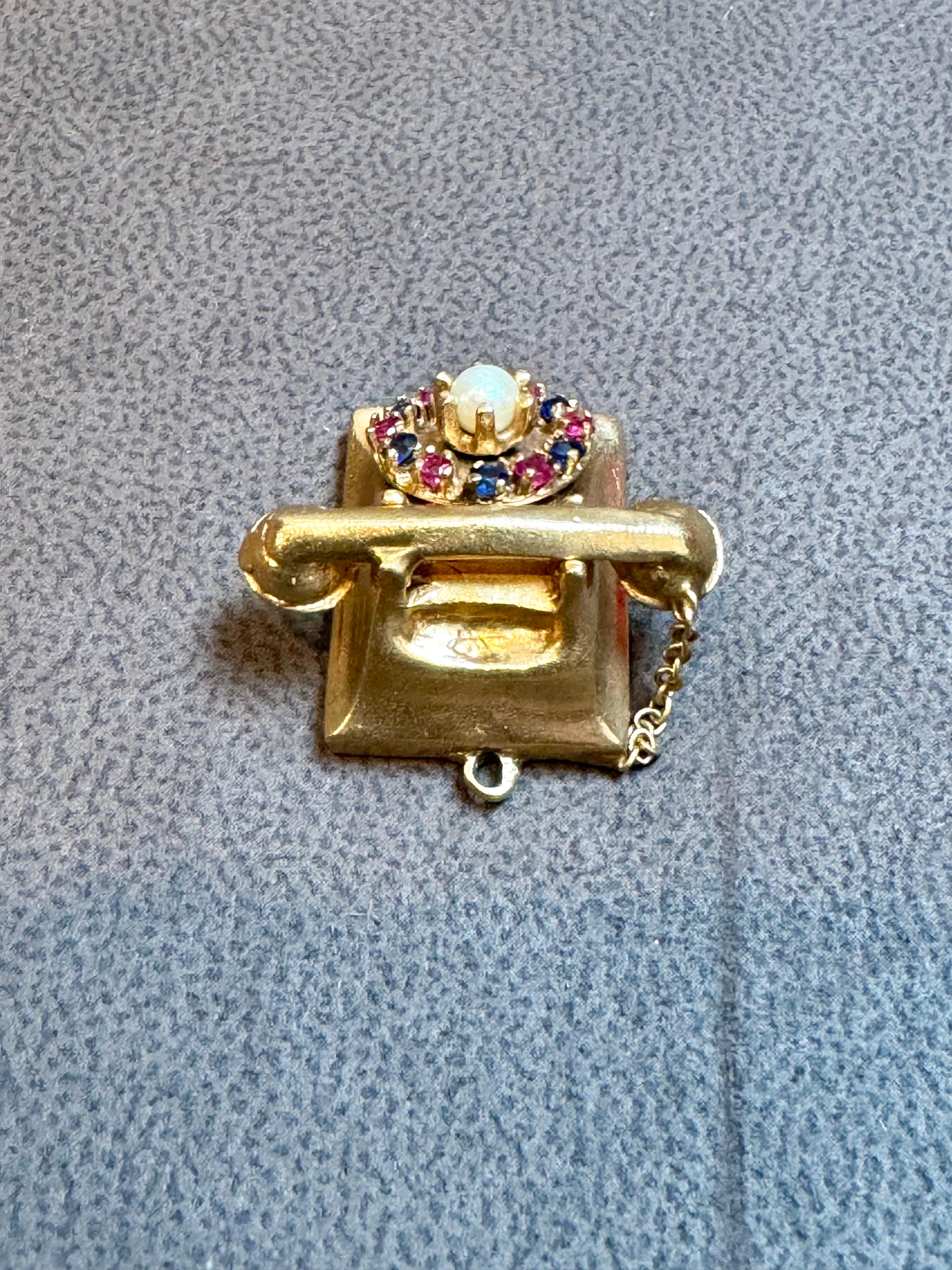 Miniature Vintage 1950s 14Kt Yellow Gold Retro Telephone Ruby , Sapphire & Pearl 5