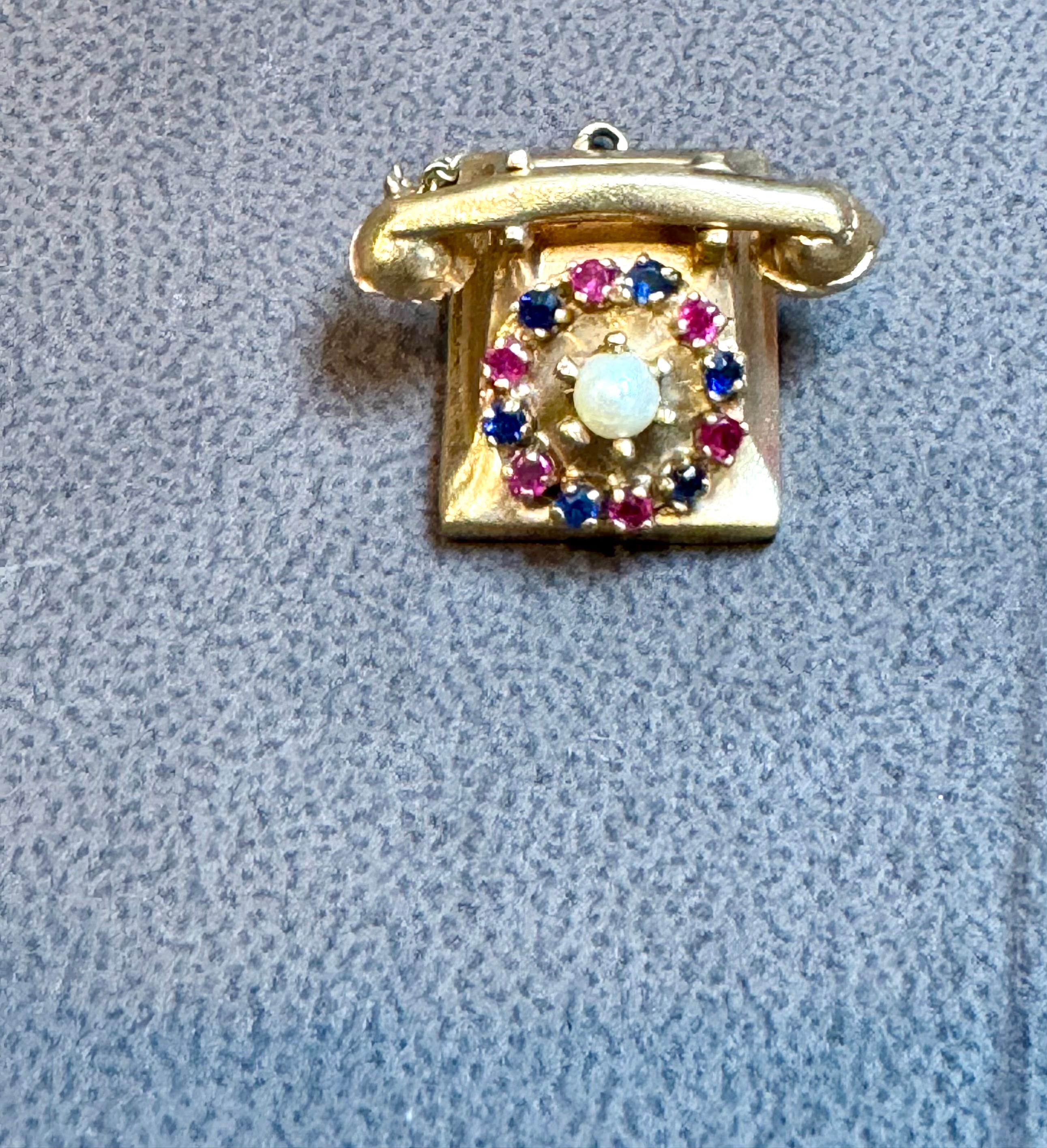 Miniature Vintage 1950s 14Kt Yellow Gold Retro Telephone Ruby , Sapphire & Pearl 7