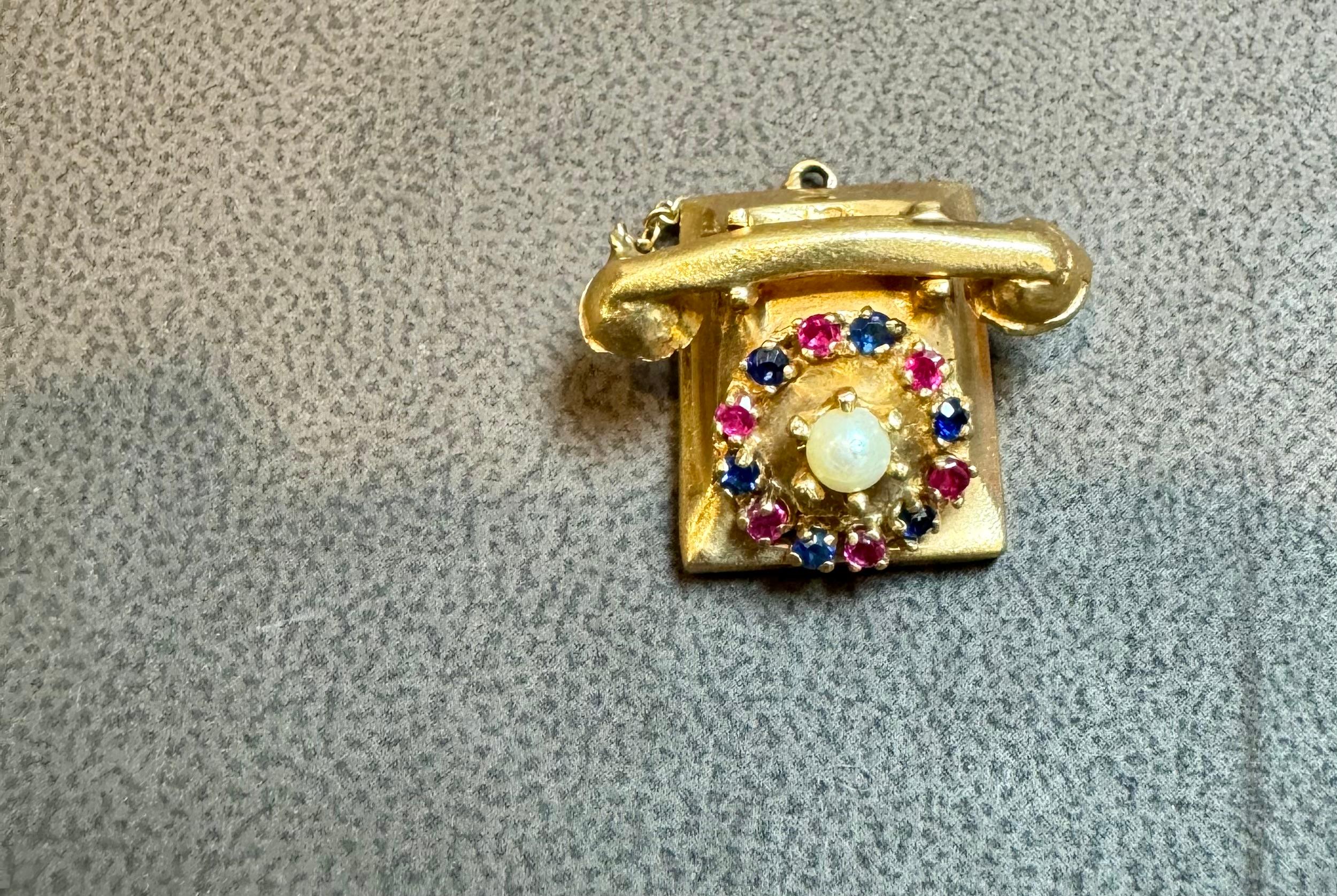 Miniature Vintage 1950s 14Kt Yellow Gold Retro Telephone Ruby , Sapphire & Pearl 8