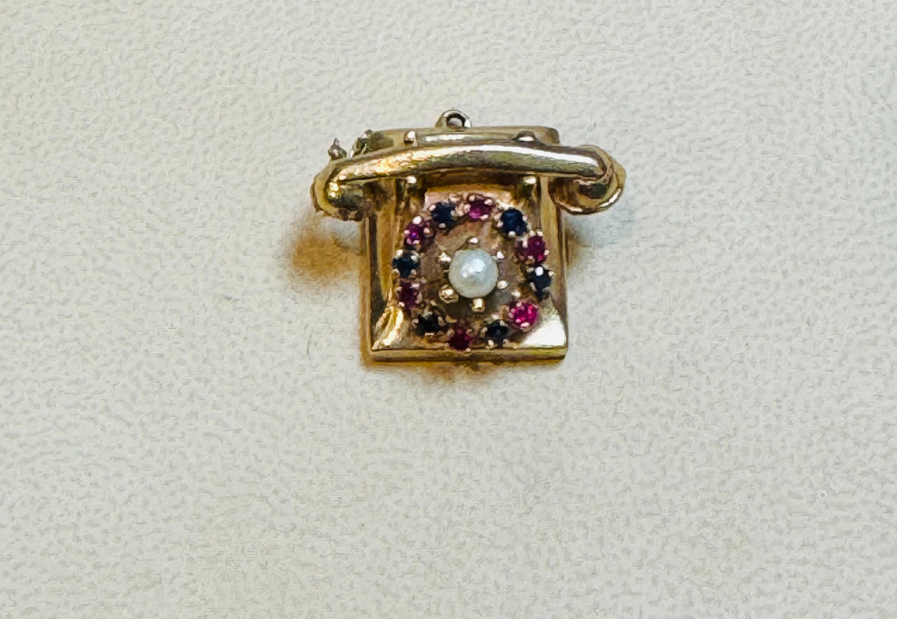 Round Cut Miniature Vintage 1950s 14Kt Yellow Gold Retro Telephone Ruby , Sapphire & Pearl