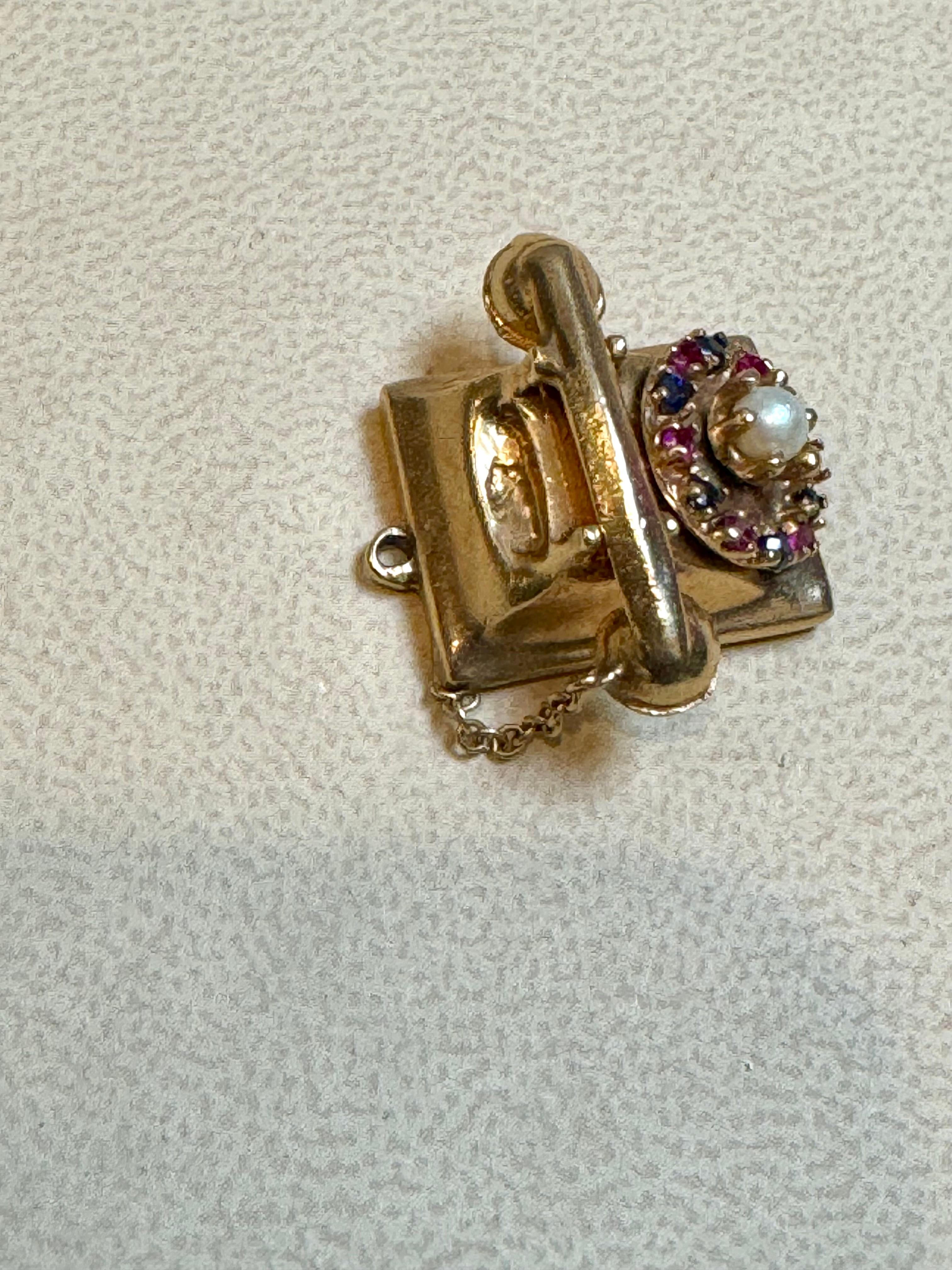 Miniature Vintage 1950s 14Kt Yellow Gold Retro Telephone Ruby , Sapphire & Pearl In Excellent Condition In New York, NY