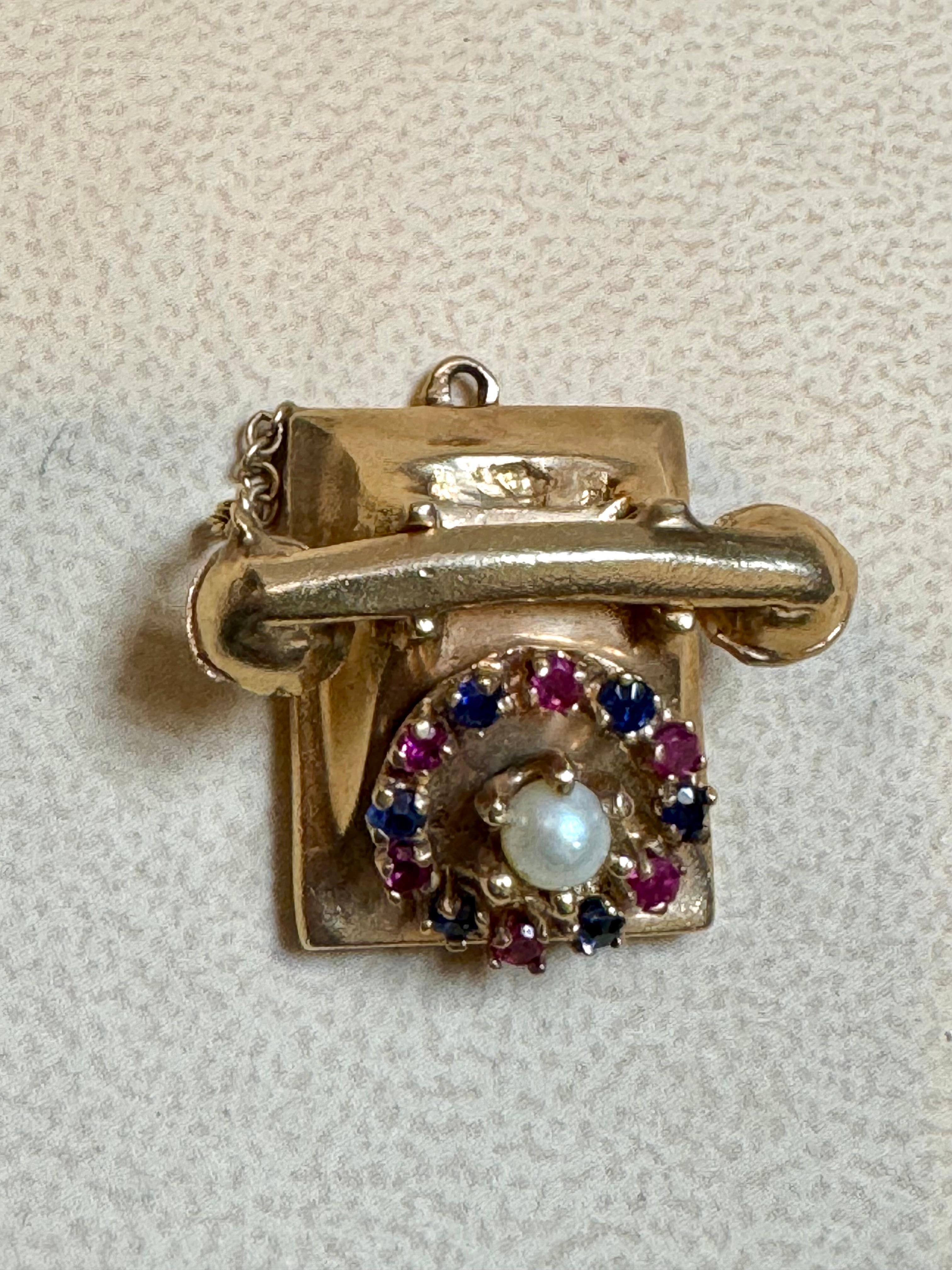 Women's or Men's Miniature Vintage 1950s 14Kt Yellow Gold Retro Telephone Ruby , Sapphire & Pearl