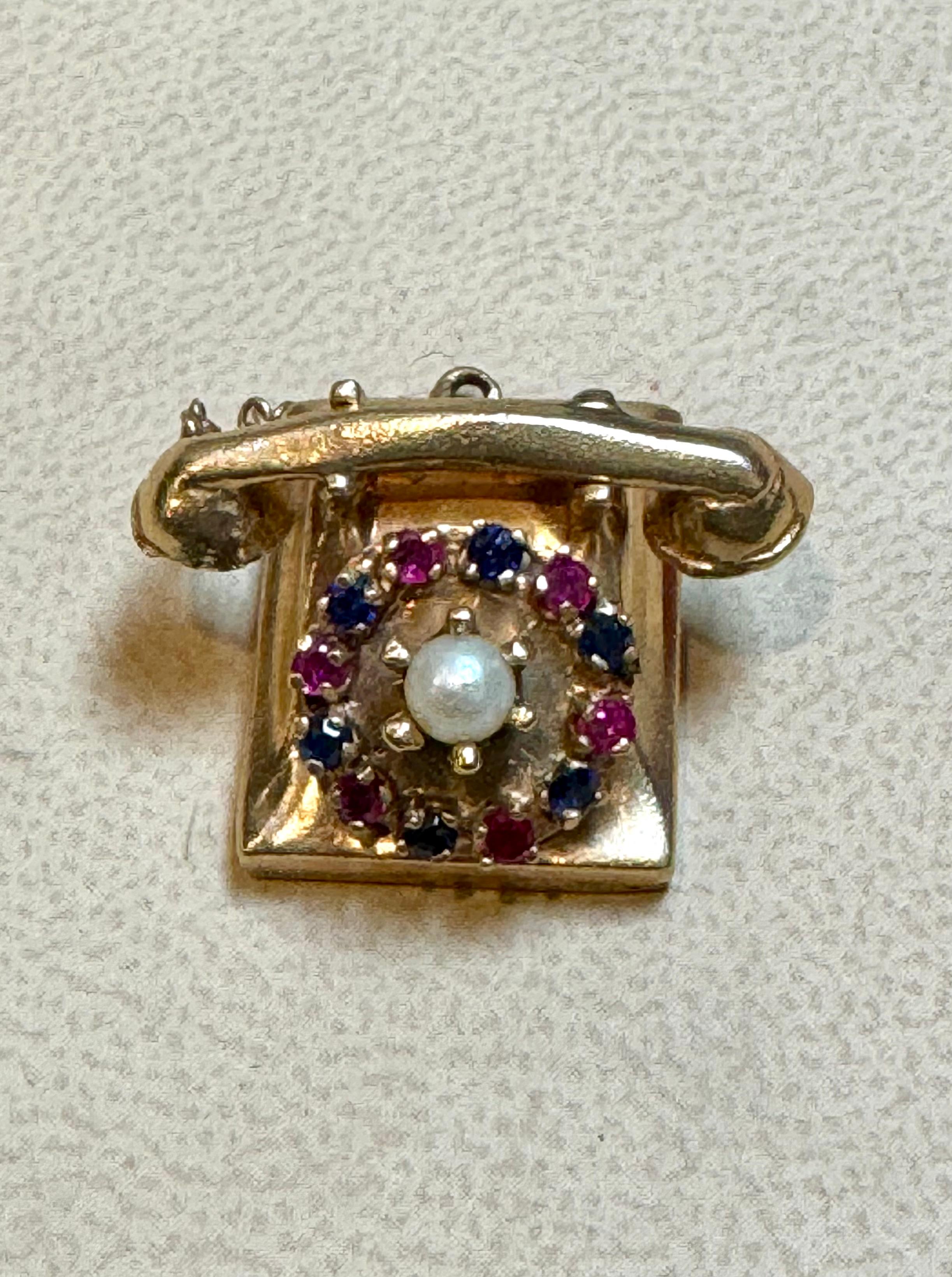 Miniature Vintage 1950s 14Kt Yellow Gold Retro Telephone Ruby , Sapphire & Pearl 3