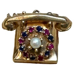 Miniature Vintage 1950s 14Kt Yellow Gold Retro Telephone Ruby , Sapphire & Pearl