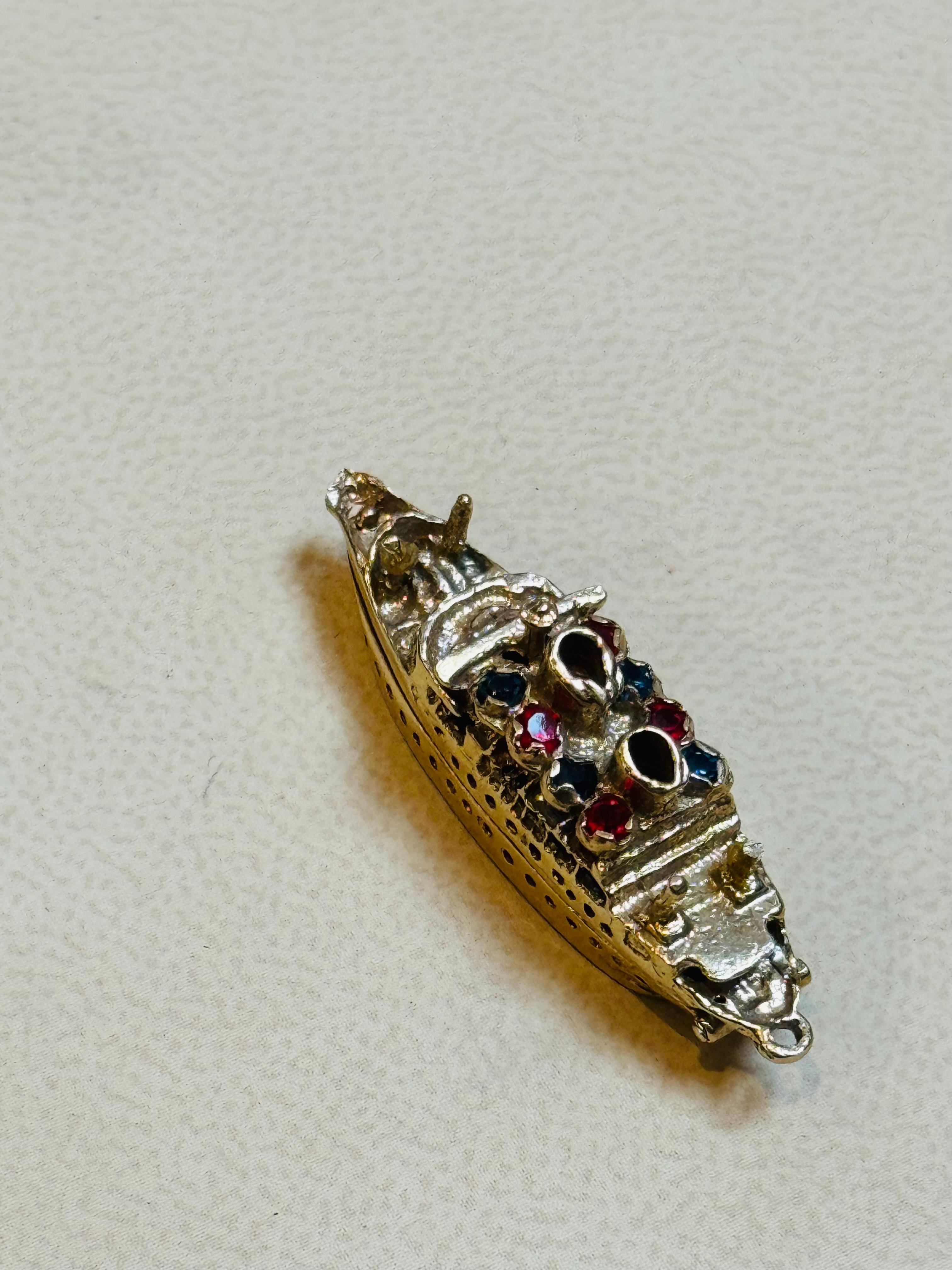 Women's or Men's Miniature Vintage 1950s Gold Cruise ship with Ruby & Sapphire  14 Kt Yellow Gold