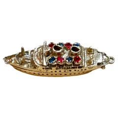 Miniature Antique 1950s Gold Cruise ship with Ruby & Sapphire  14 Kt Yellow Gold