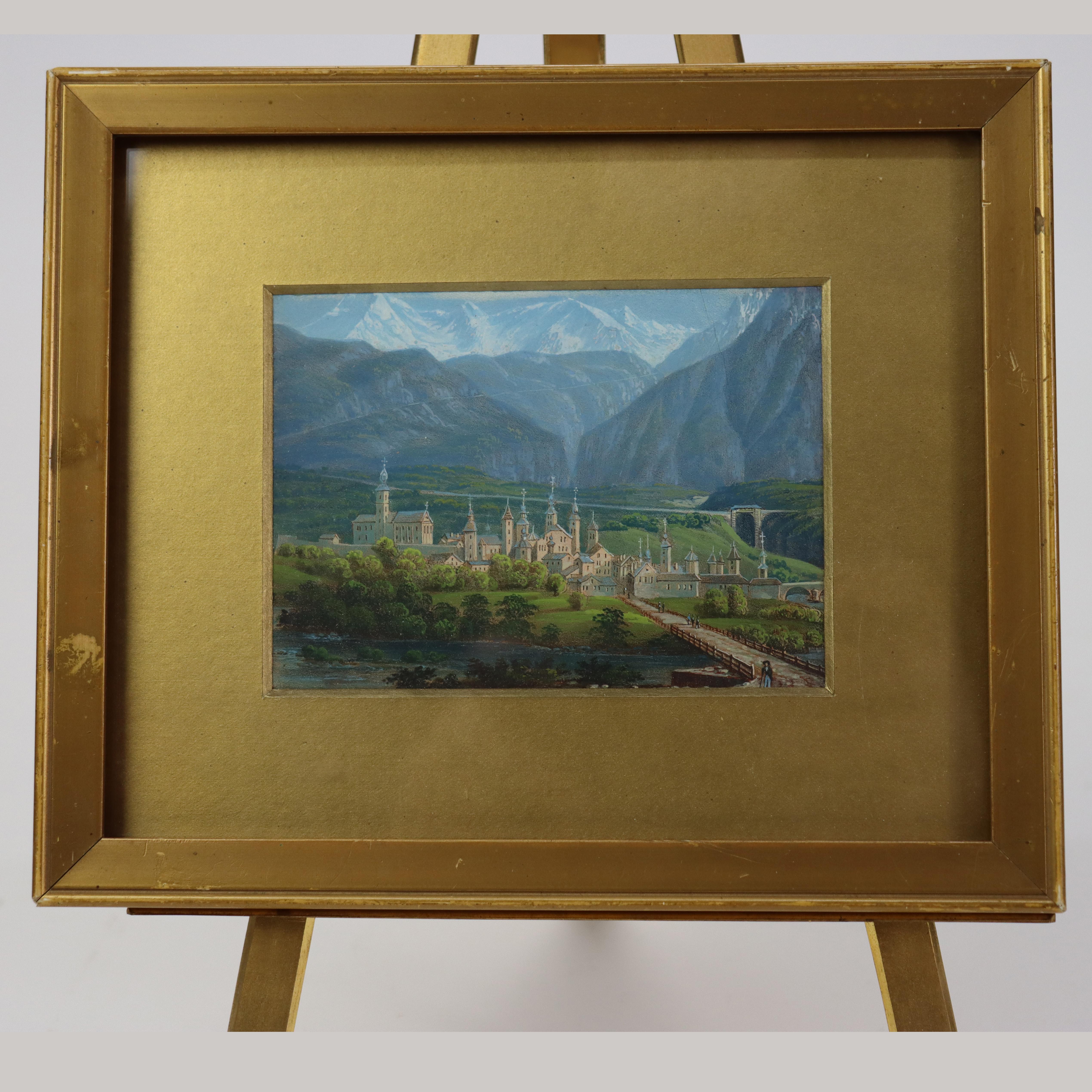 Miniatur-Aquarell-Landschaftsgemälde eines italienischen Bergdorfs mit vergoldetem Bronzerahmen und Ständer Signiert von Baker C1890.   
Maße - 12,25 