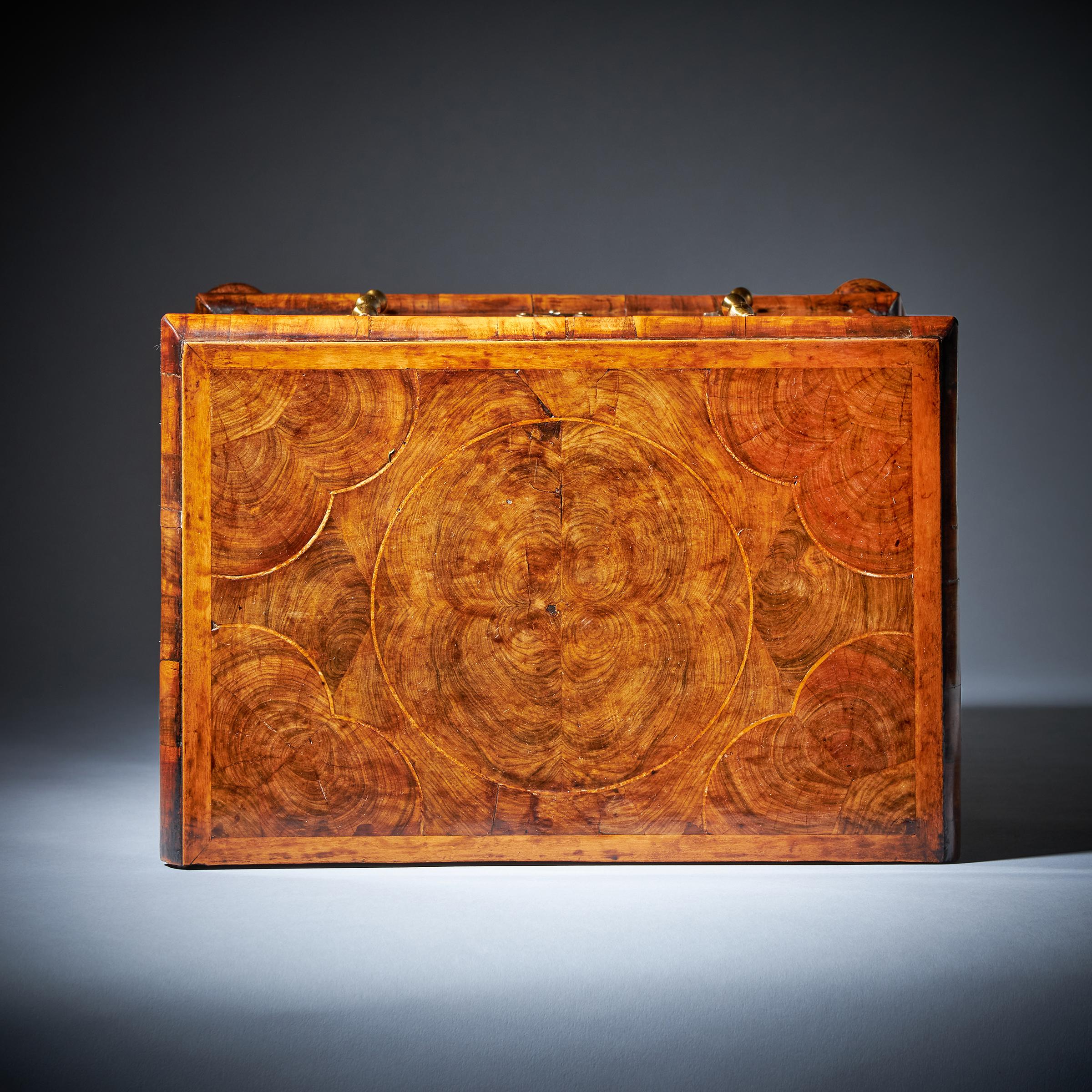 English Miniature William and Mary 17th Century Diminutive Olive Oyster Chest, C.1690 For Sale