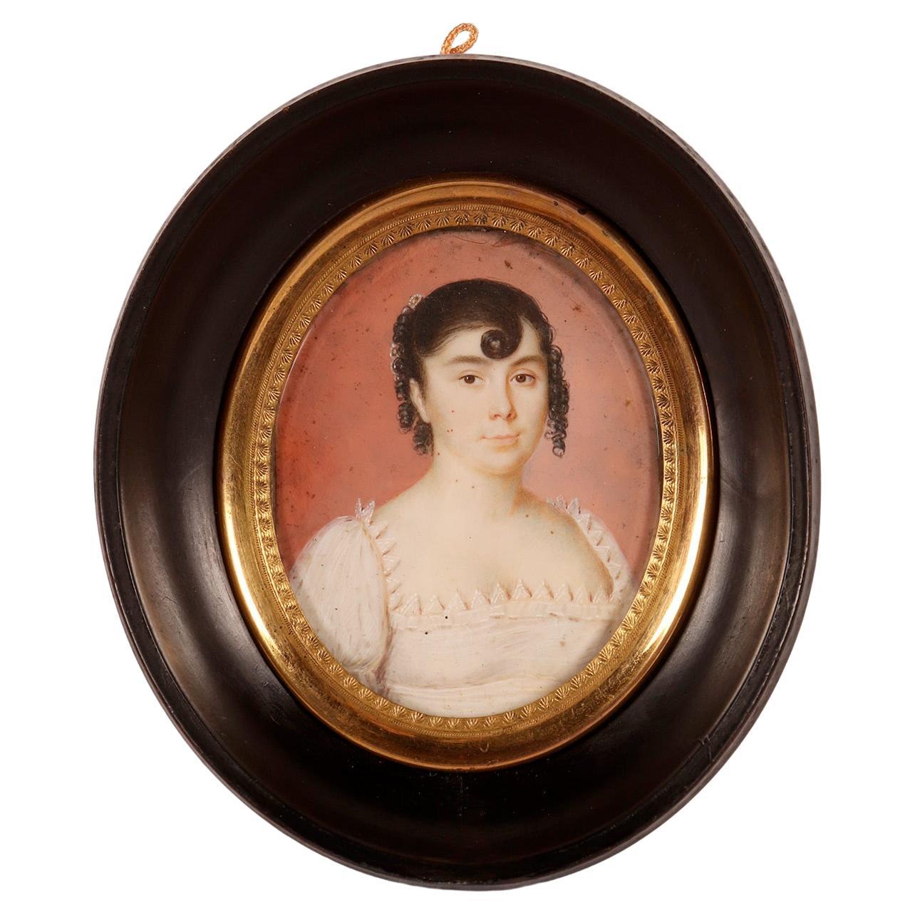 Miniature avec sujet féminin, aquarelle sur ivoire, France 1800. en vente