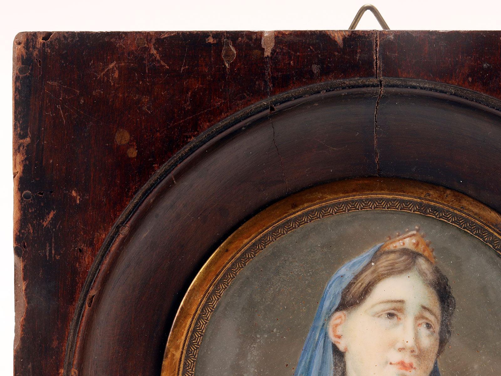 Brass Miniature with female subject, watercolor on ivory, Italy 1830.  For Sale