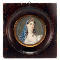 Antique Miniature with female subject, watercolor on ivory, Italy 1830. 