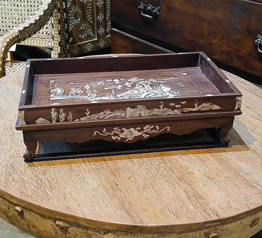 Miniature Wood Altar Tray with Mother-of- Pearl Inlays, China, Early 20th C. For Sale 12