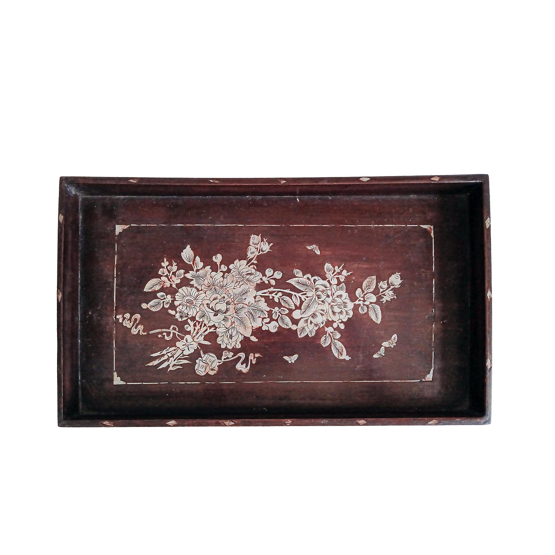 Hand-Crafted Wood Altar Tray with Mother-of- Pearl Inlays, Late 19th Century For Sale