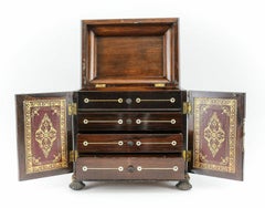 Miniature Wood Mother of Pearl & Leather Cabinet W Gilt & Mother of Pearl Inlay