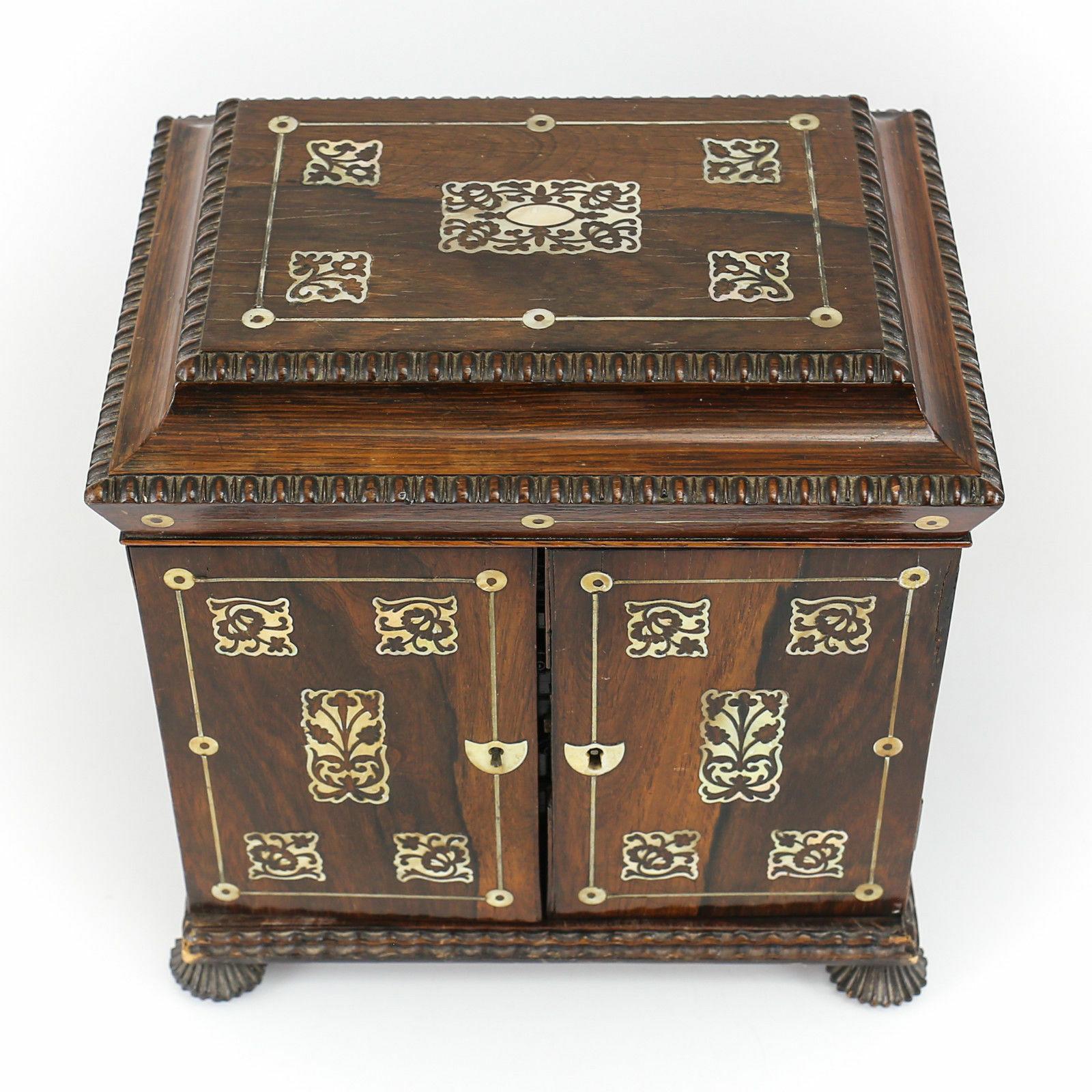 Engraved Miniature Wood Mother of Pearl & Leather Cabinet W Gilt & Mother of Pearl Inlay For Sale