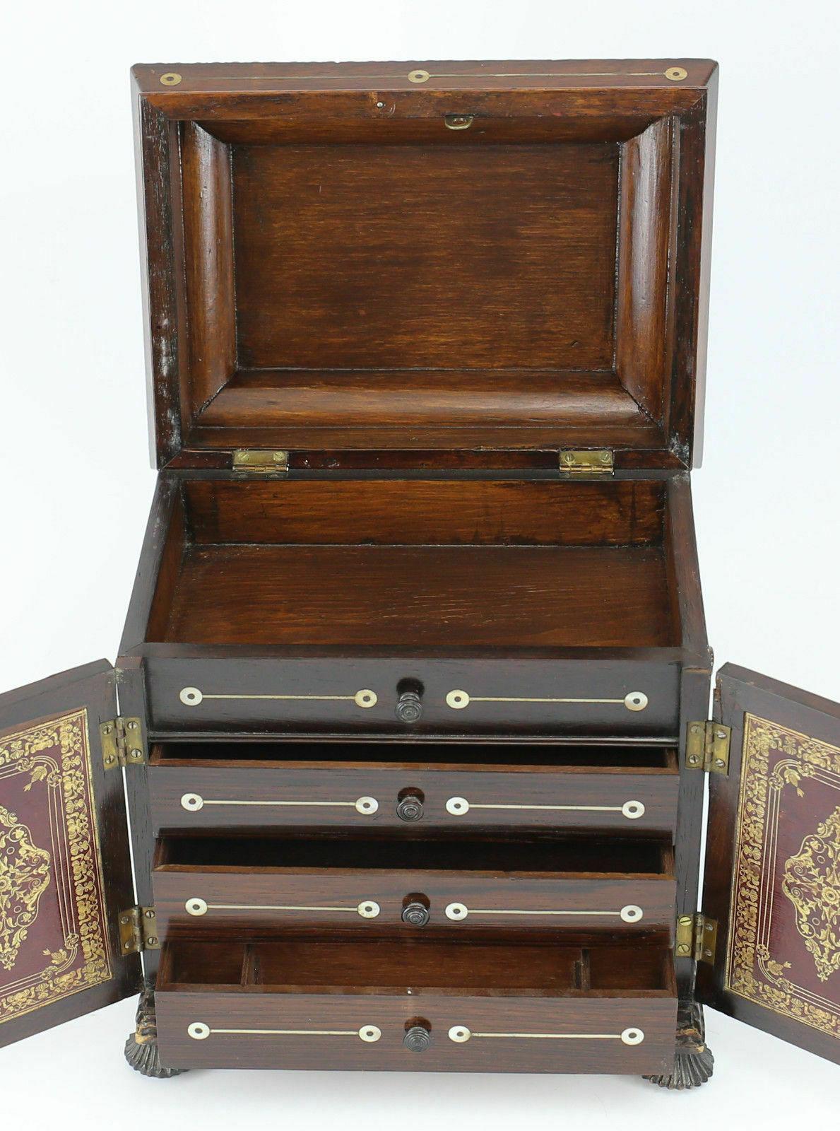 Miniature Wood Mother of Pearl & Leather Cabinet W Gilt & Mother of Pearl Inlay In Good Condition For Sale In Gardena, CA