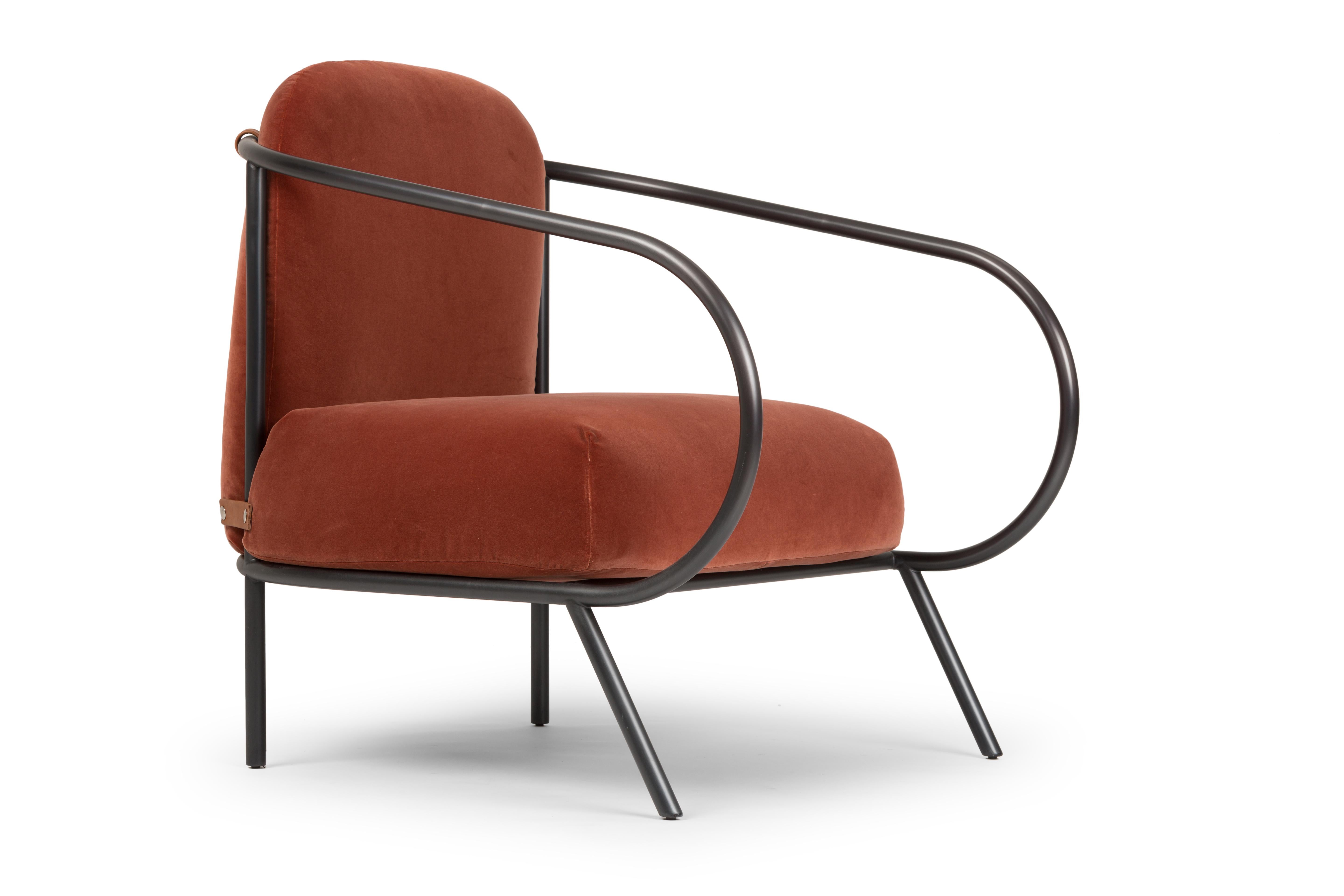 Minima Armchair by Mingardo
Dimensions: D75 x W94 x H79.5 cm 
Materials: Burnished iron structure, Polyurethane with cotton velvet fabric [Customizable fabrics and colors]
Weight: 15 kg
Also Available in different finishes. 

Minima is the