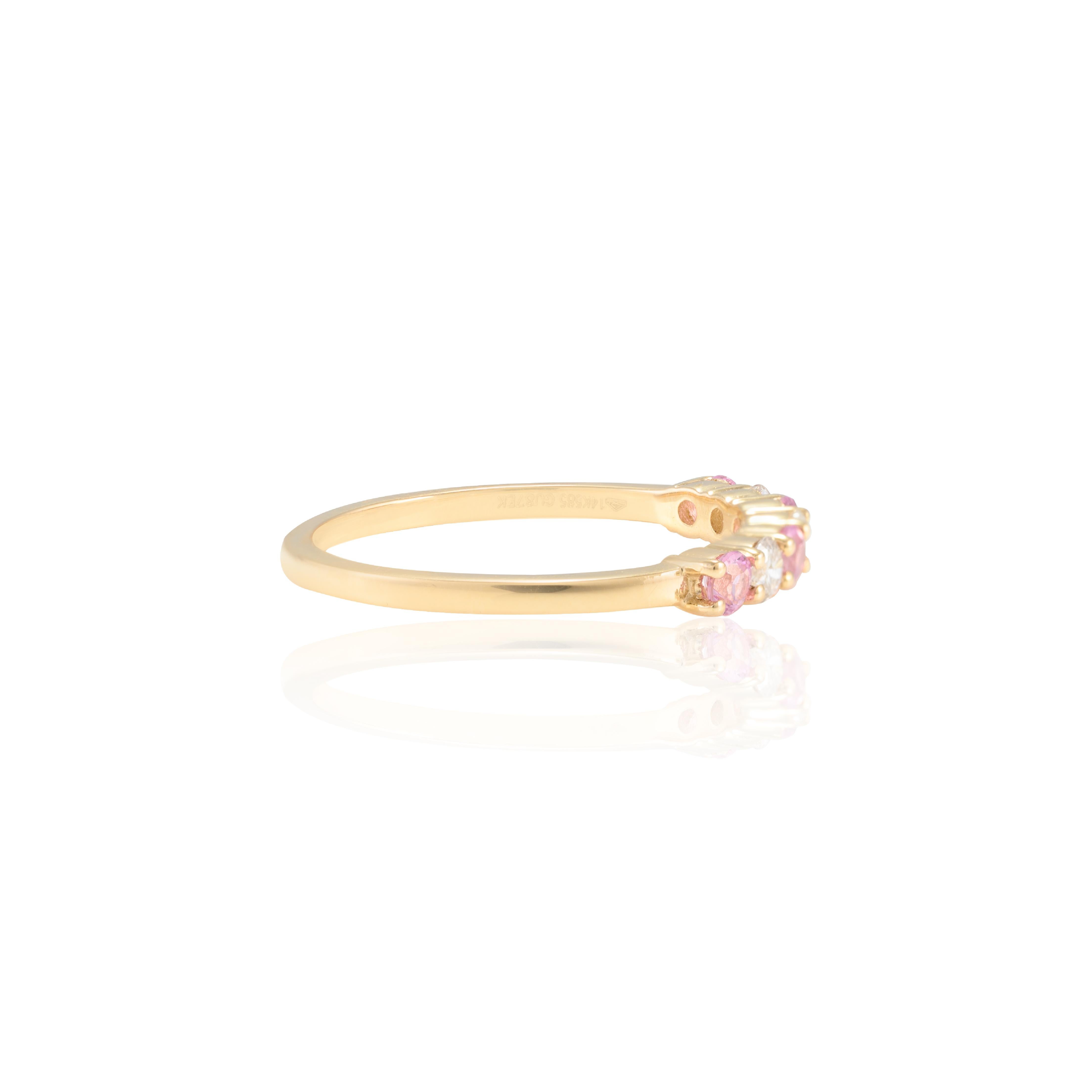 For Sale:  Minimal 0.35 CTW Pink Sapphire and Diamond Stackable Band 14k Solid Yellow Gold 2