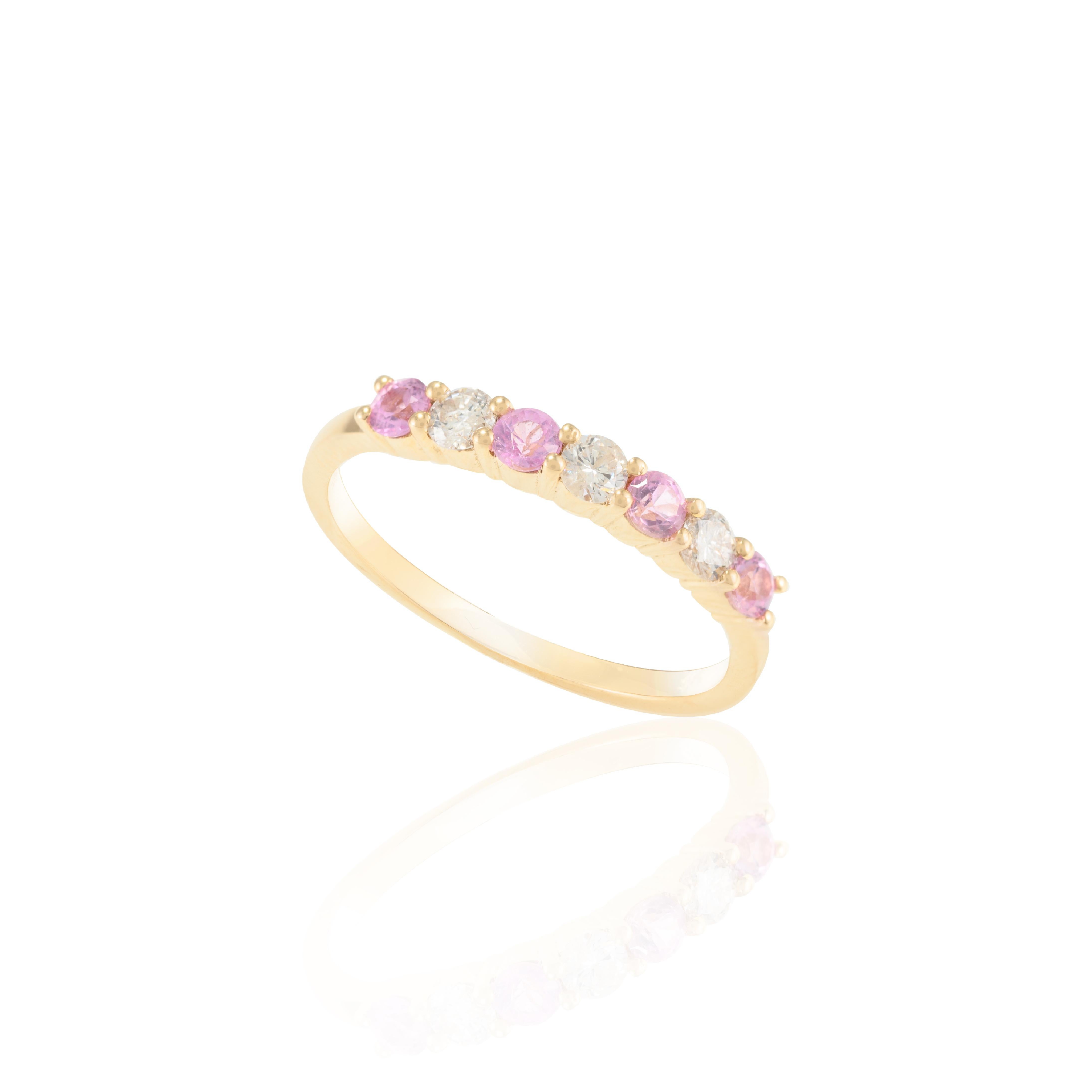 For Sale:  Minimal 0.35 CTW Pink Sapphire and Diamond Stackable Band 14k Solid Yellow Gold 3
