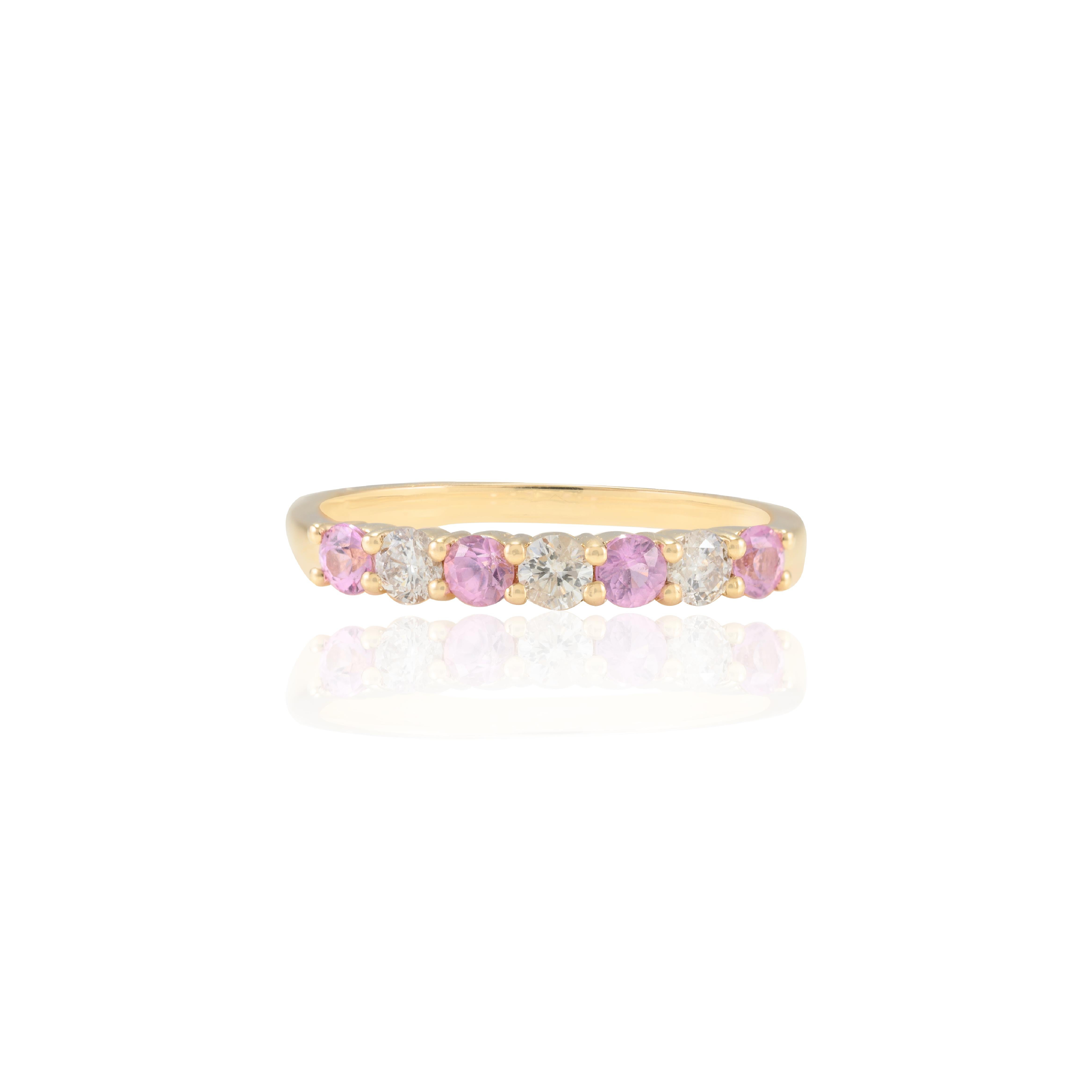 For Sale:  Minimal 0.35 CTW Pink Sapphire and Diamond Stackable Band 14k Solid Yellow Gold 4