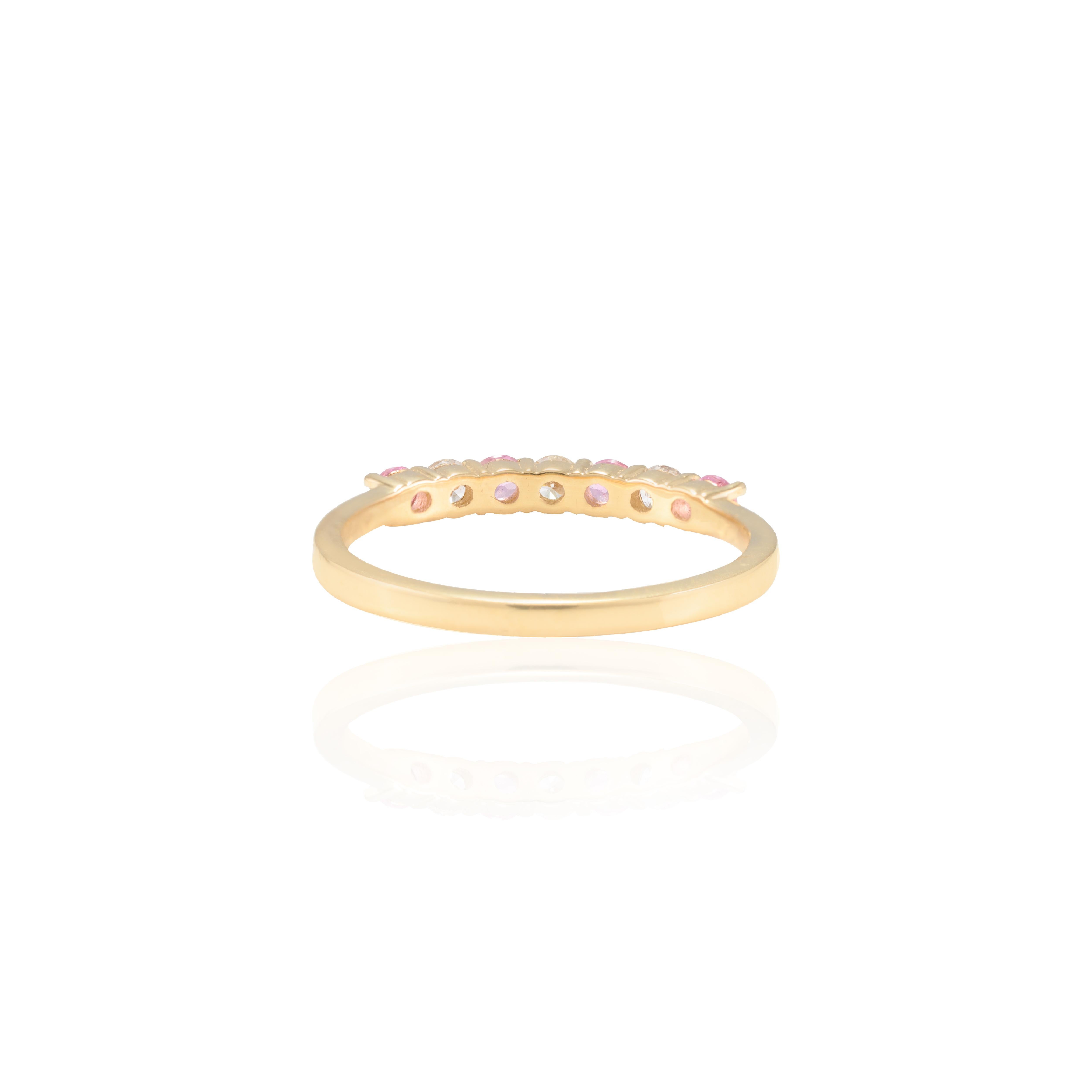 For Sale:  Minimal 0.35 CTW Pink Sapphire and Diamond Stackable Band 14k Solid Yellow Gold 5