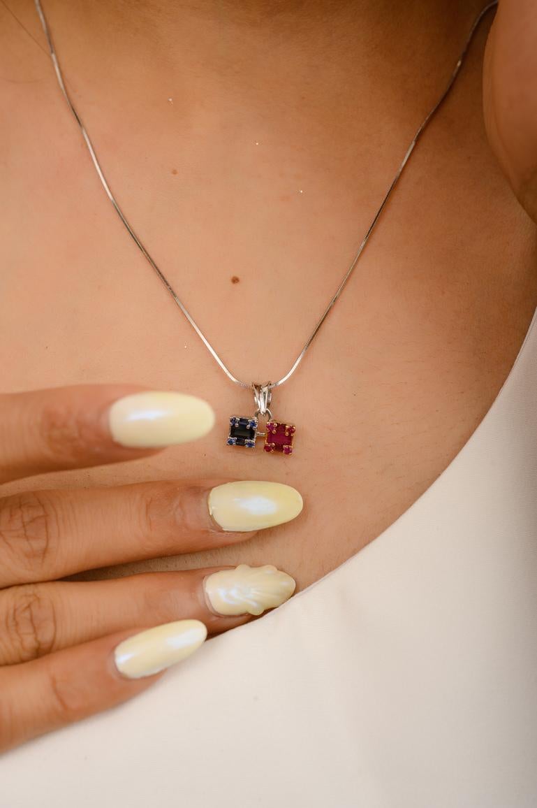Modern 14k Solid White Gold Ruby Sapphire Cluster Pendant, Christmas Gift For Her For Sale