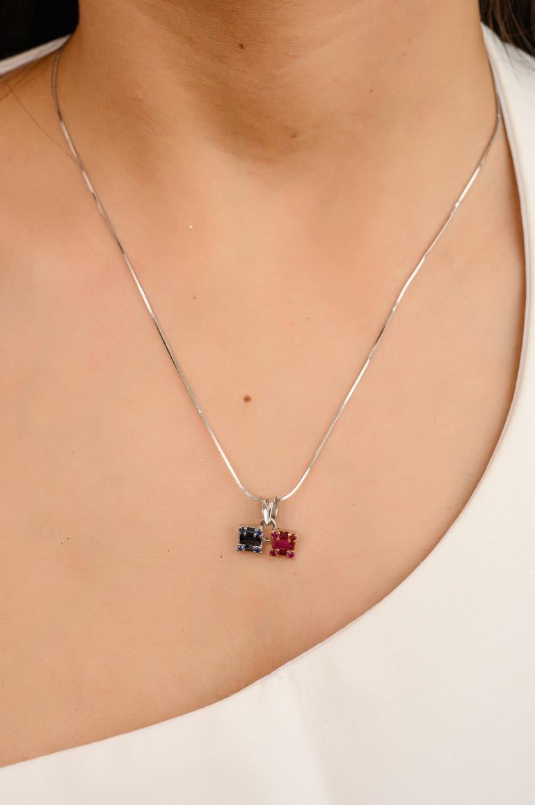 14k Solid White Gold Ruby Sapphire Cluster Pendant, Christmas Gift For Her In New Condition For Sale In Houston, TX
