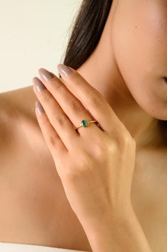 Minimal 14K Yellow Gold Three Stone Ring with Oval Cut Natural Emerald & Diamond