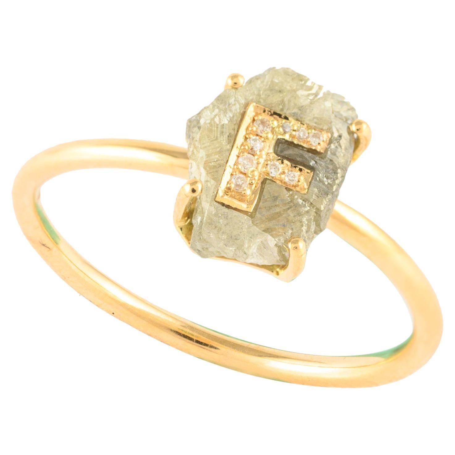 For Sale:  Minimal 18k Solid Yellow Gold 1.02ct Diamond Alphabet F Personalized Ring