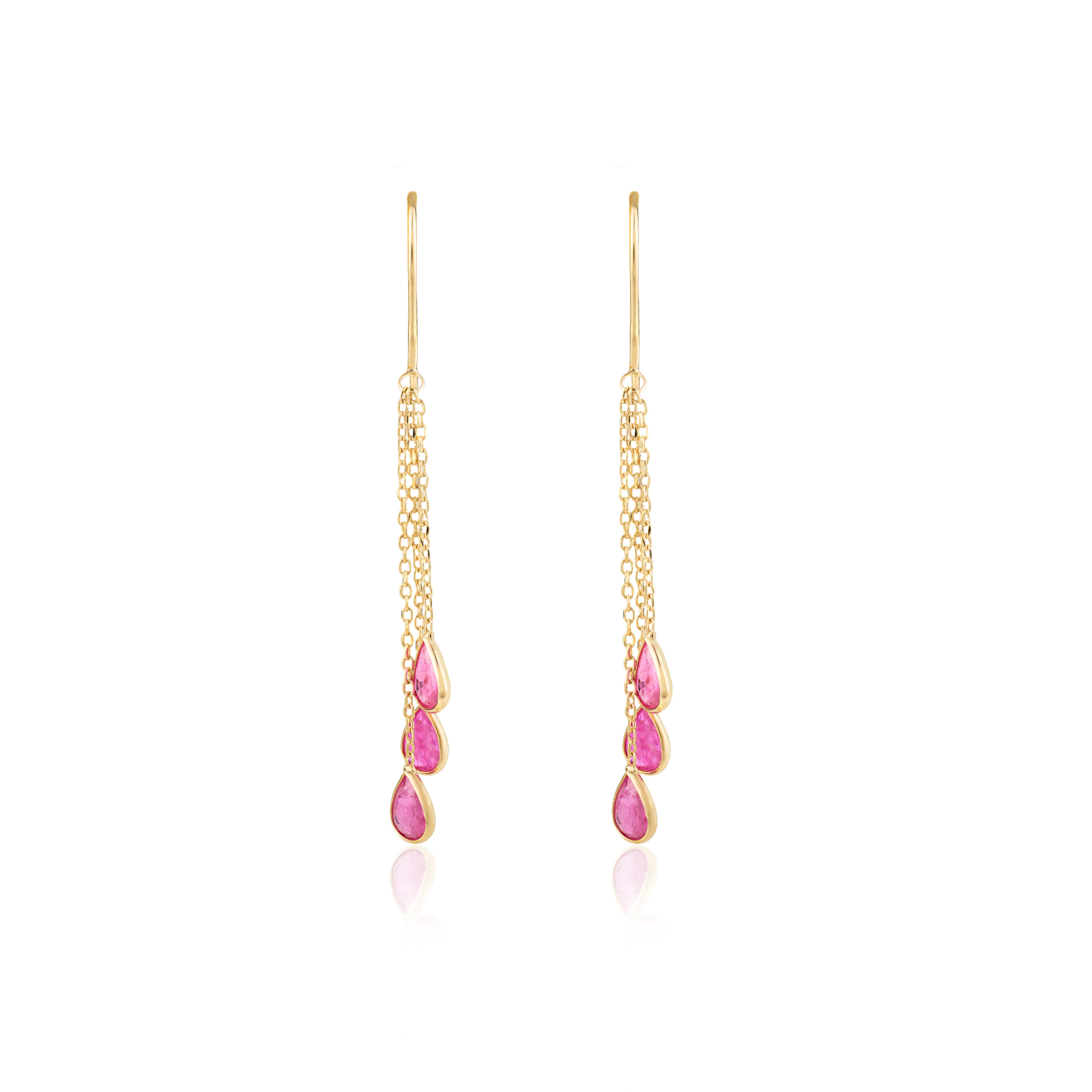 Modern Minimal 18k Solid Yellow Gold Ruby Multi Chain Drop Earrings Gift for Her For Sale