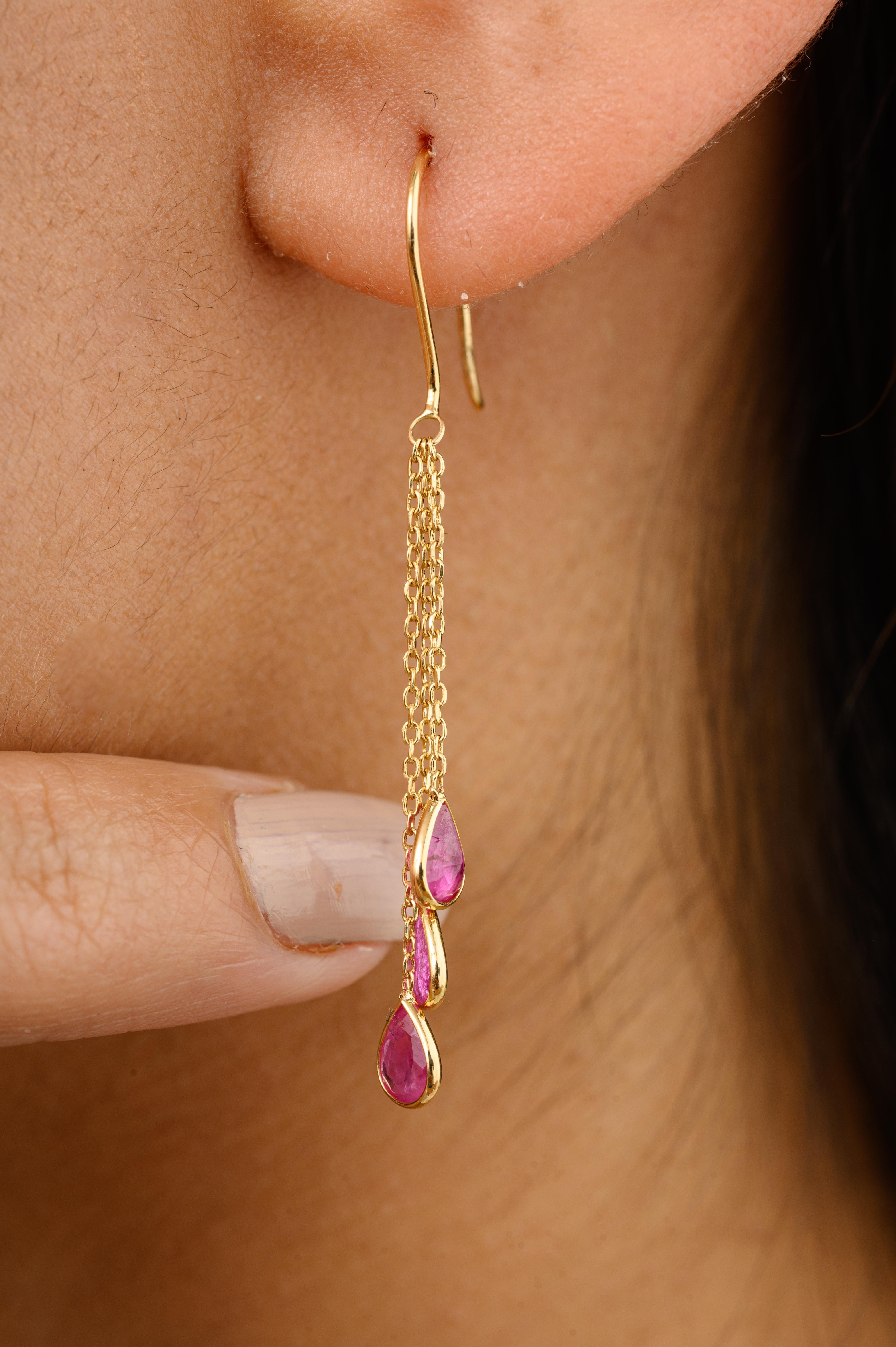 Pear Cut Minimal 18k Solid Yellow Gold Ruby Multi Chain Drop Earrings Gift for Her For Sale