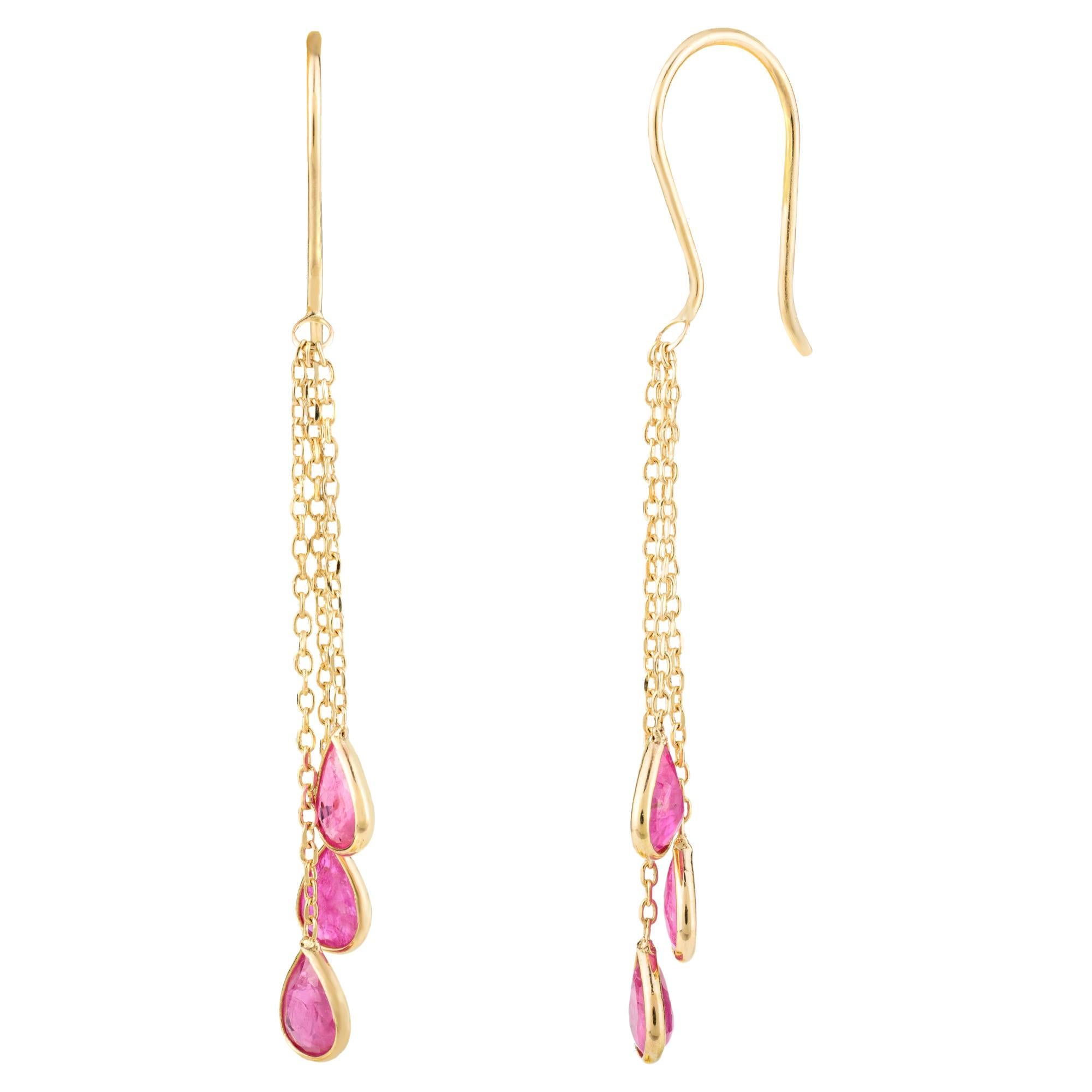 Minimal 18k Solid Yellow Gold Ruby Multi Chain Drop Earrings Gift for Her For Sale