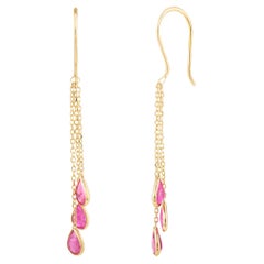 Minimal 18k Solid Yellow Gold Ruby Multi Chain Drop Earrings Gift for Her