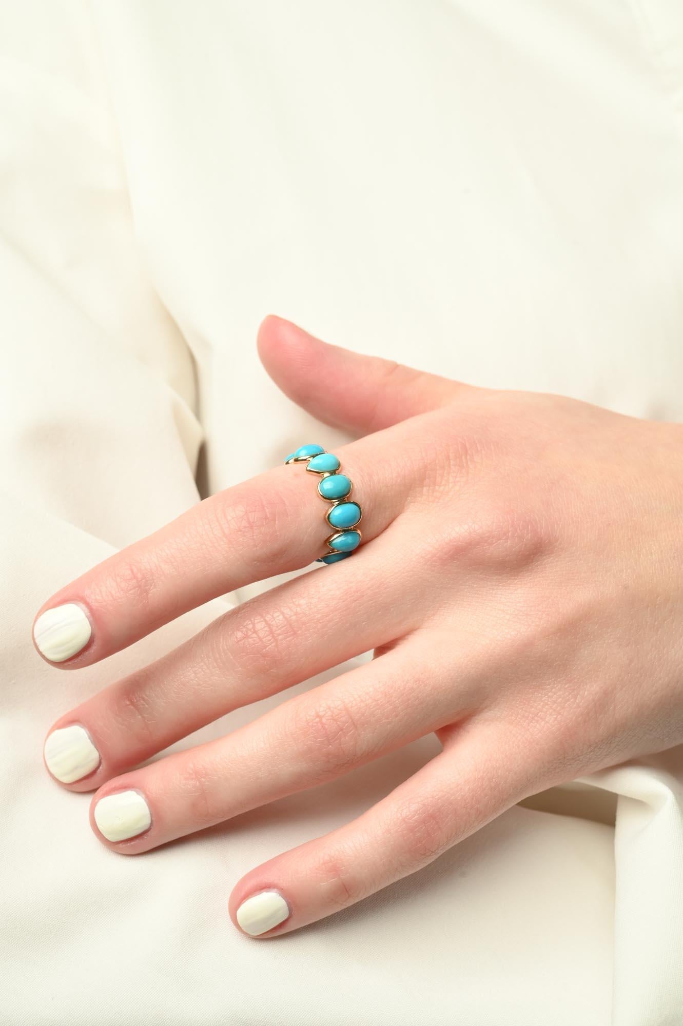 For Sale:  Minimal 18k Yellow Gold 6.2 Carat Turquoise Eternity Band Ring 2