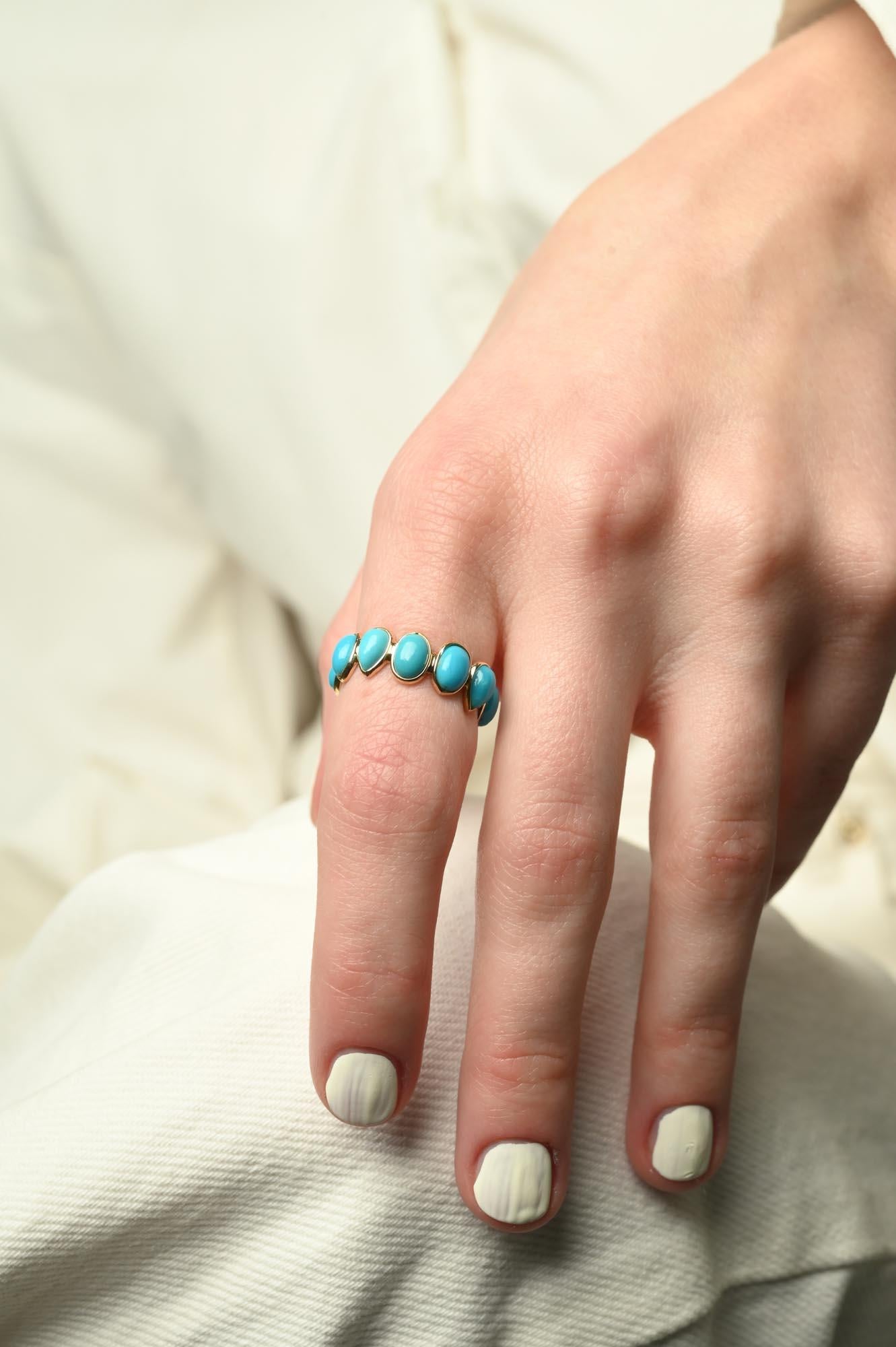 For Sale:  Minimal 18k Yellow Gold 6.2 Carat Turquoise Eternity Band Ring 3