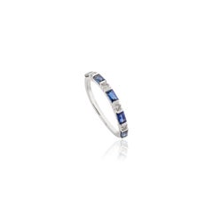 Minimal Baguette Blue Sapphire Diamond Half Eternity Band Ring in 14k White Gold