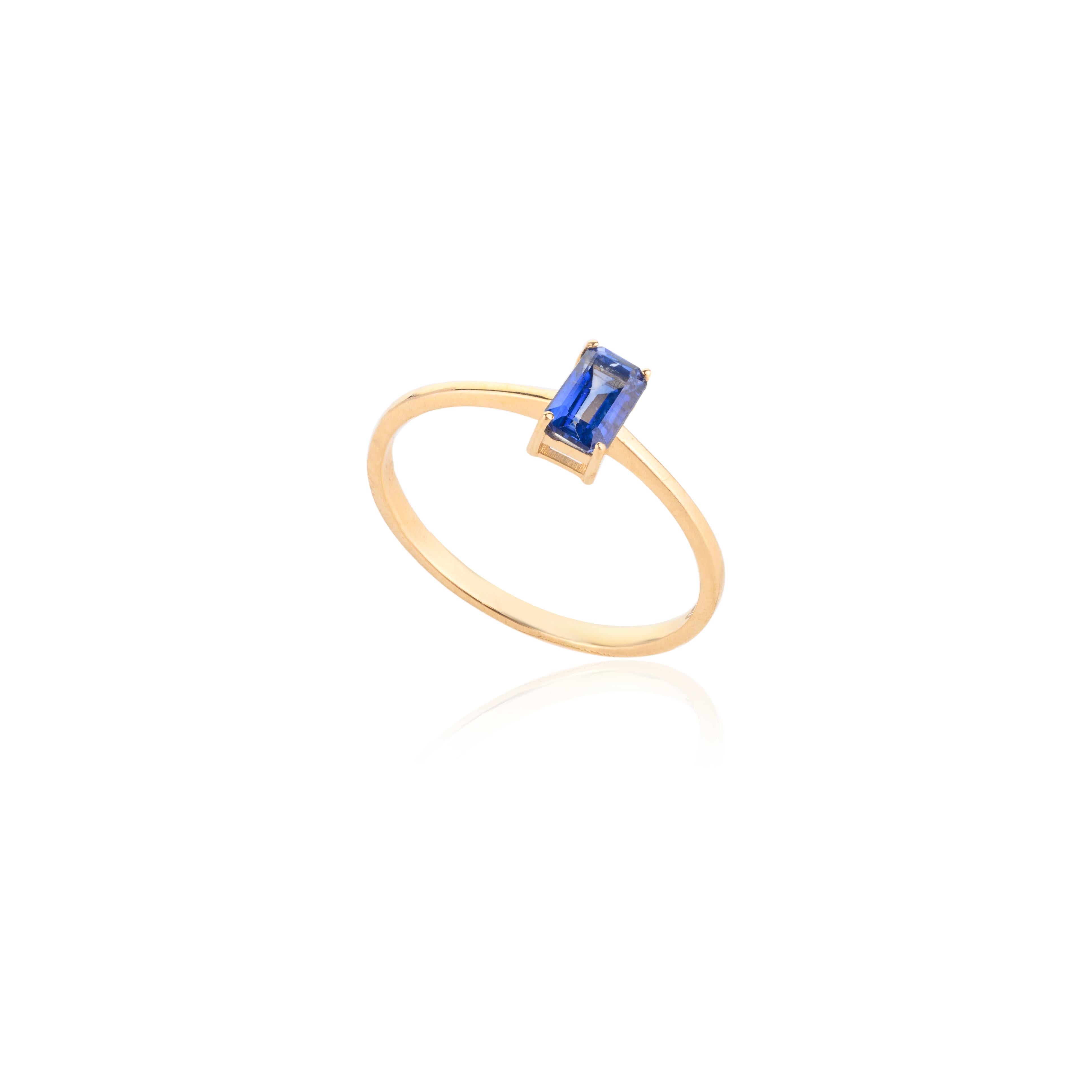 For Sale:  Minimal Baguette Cut Blue Sapphire Ring in 18k Solid Yellow Gold 7