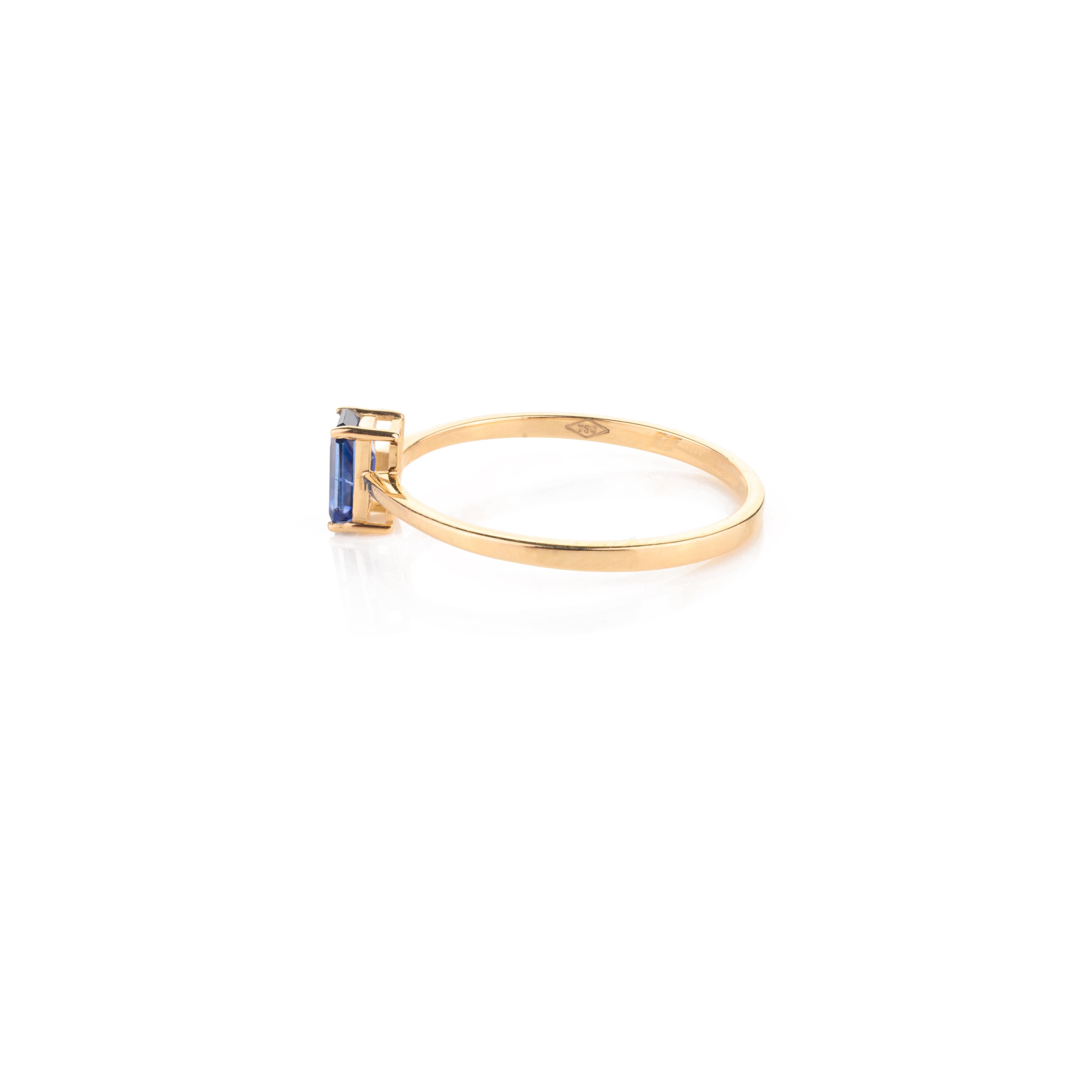 For Sale:  Minimal Baguette Cut Blue Sapphire Ring in 18k Solid Yellow Gold 9