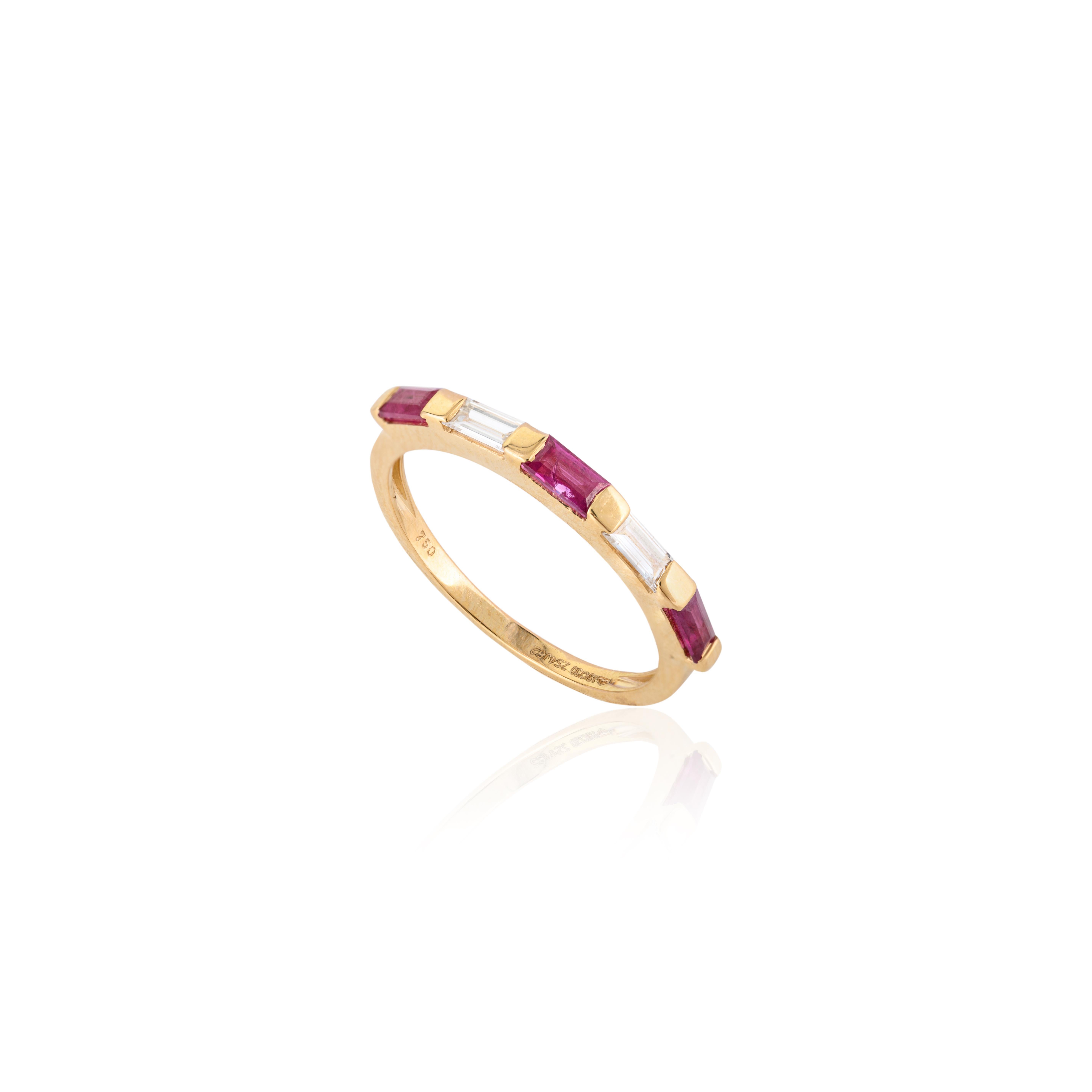 For Sale:  Minimal Baguette Ruby Diamond Stackable Band Ring in 18k Yellow Gold 7