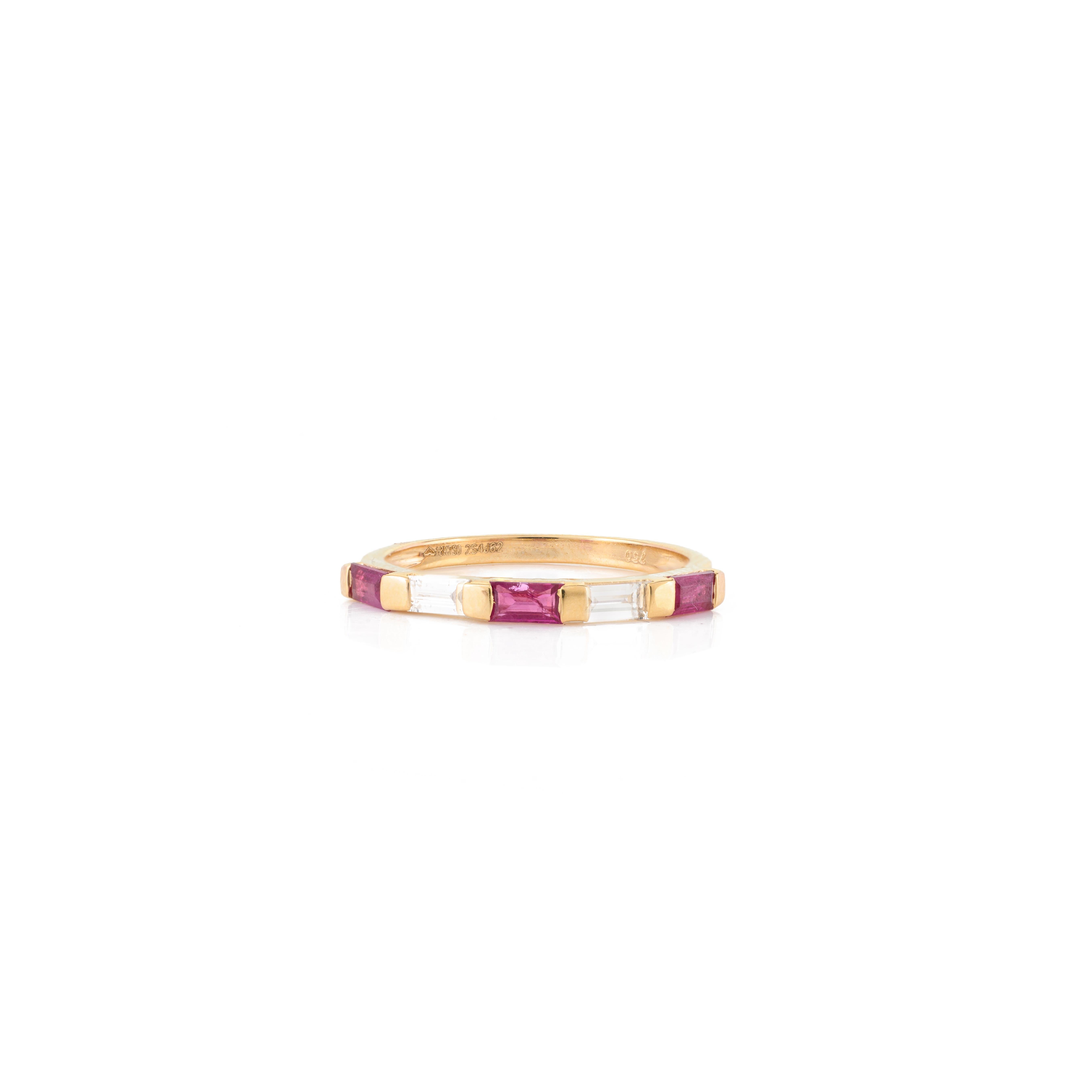 For Sale:  Minimal Baguette Ruby Diamond Stackable Band Ring in 18k Yellow Gold 9