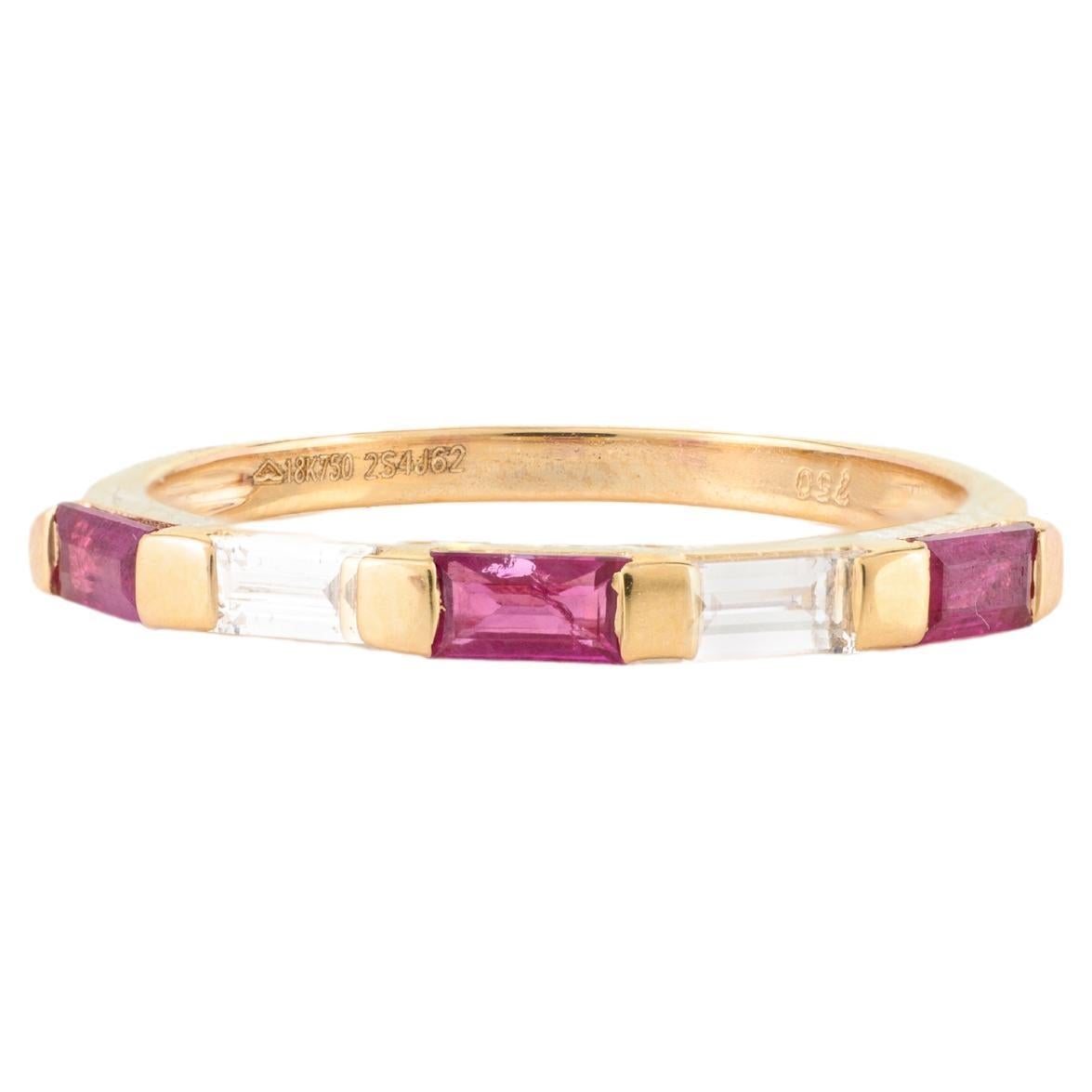 Minimal Baguette Ruby Diamond Stackable Band Ring in 18k Yellow Gold