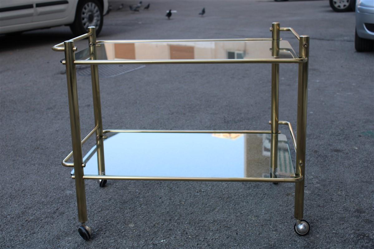 Mid-Century Modern Minimal Bar Cart Italian Design Gold Brass 1970s Glass Transparent Top For Sale